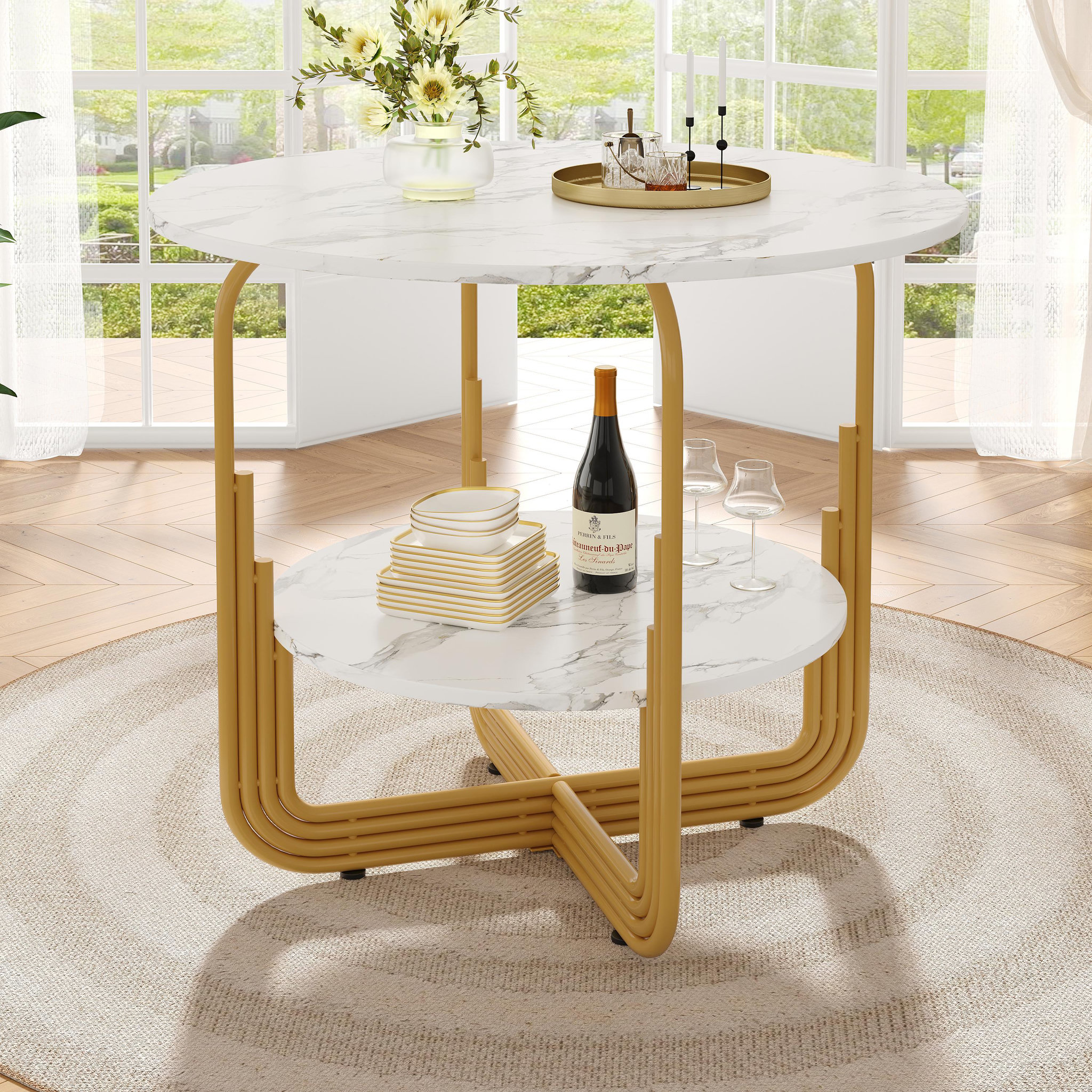 Voir la diapositive 2 : MERAX Table à manger ronde fixe blanc+doré - 80x80-80max.cm mdf