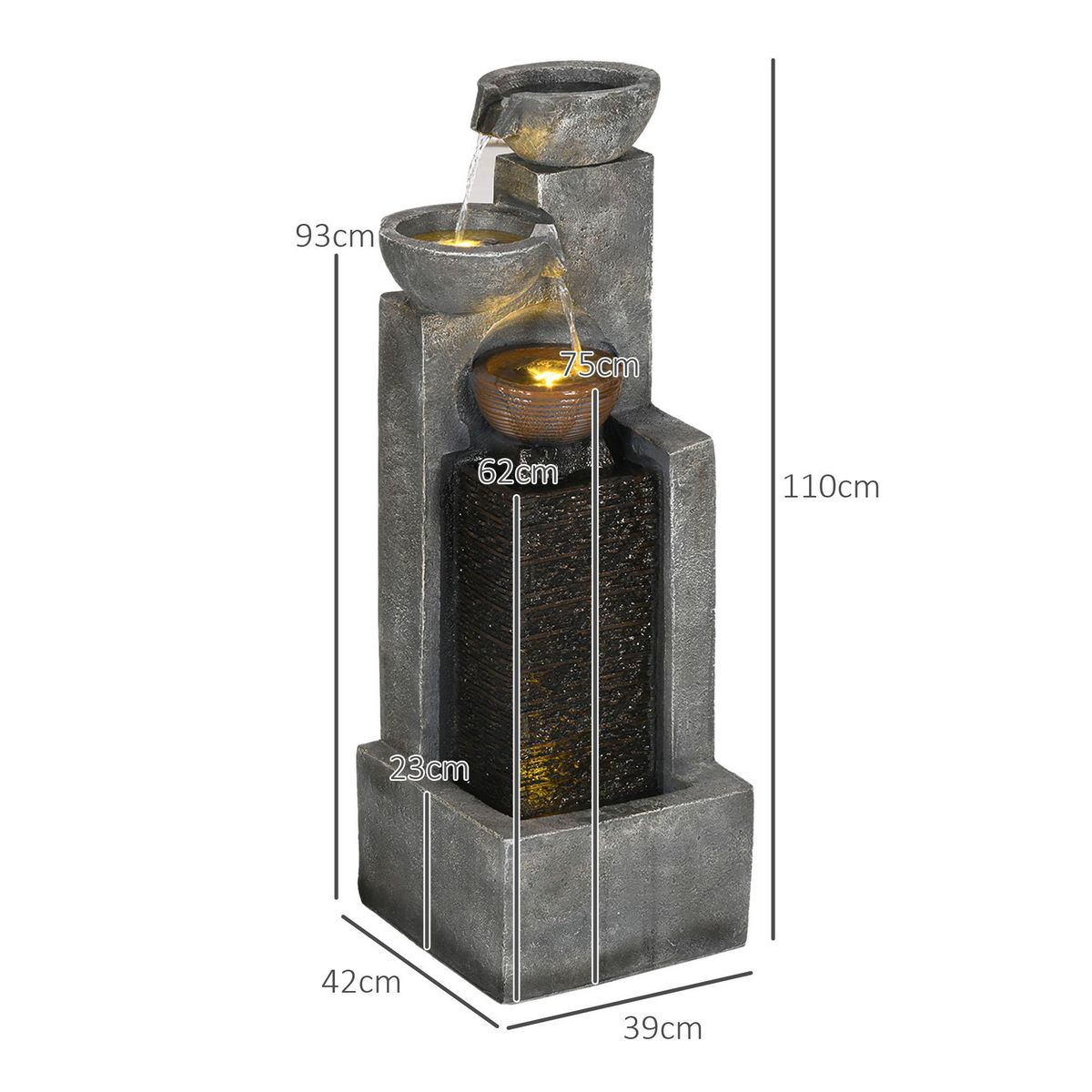 OUTSUNNY Fontaine de jardin à énergie solaire - fontaine cascade 5 niv. LED pompe incluse - résine gris marron