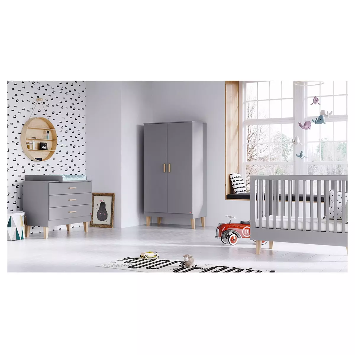 VOX Chambre complète lit bébé 60x120 - commode à langer - armoire 2 portes Lounge - Gris
