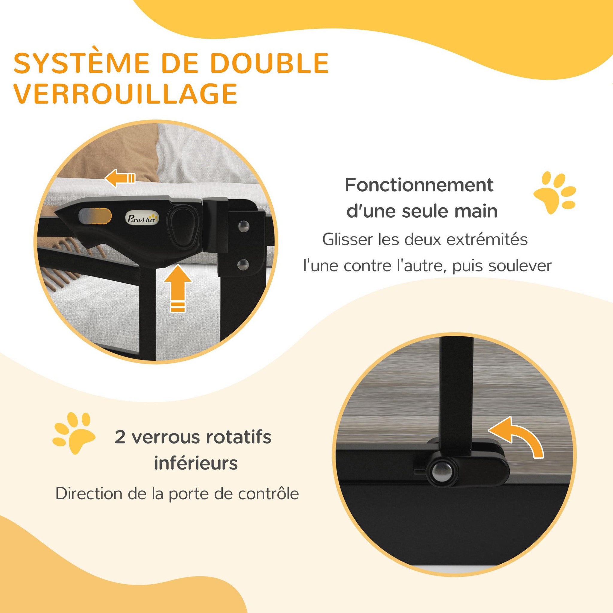 Voir la diapositive 4 : PAWHUT Barrière de sécurité pour chien - barrière à pression extensible - double système de verrouillage - acier noir