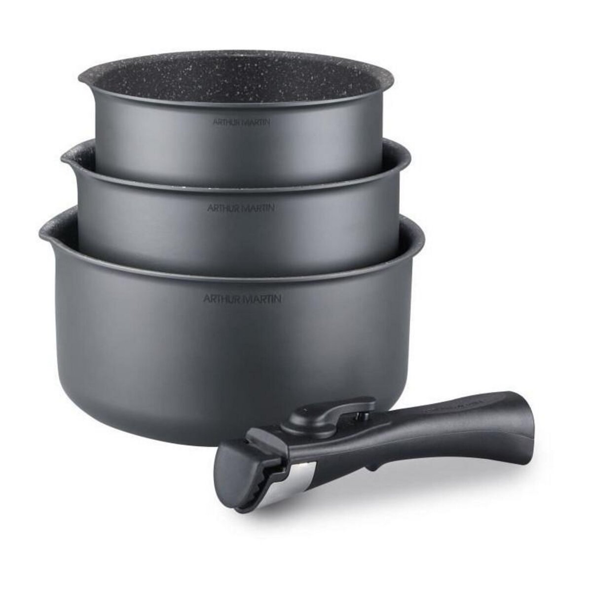 Arthur Martin Batterie de cuisine ARTHUR MARTIN AM777GM Set de 3 casseroles - Gris Mat 16-18-20 cm + 1 poignée amovible - Tous feux dont indu