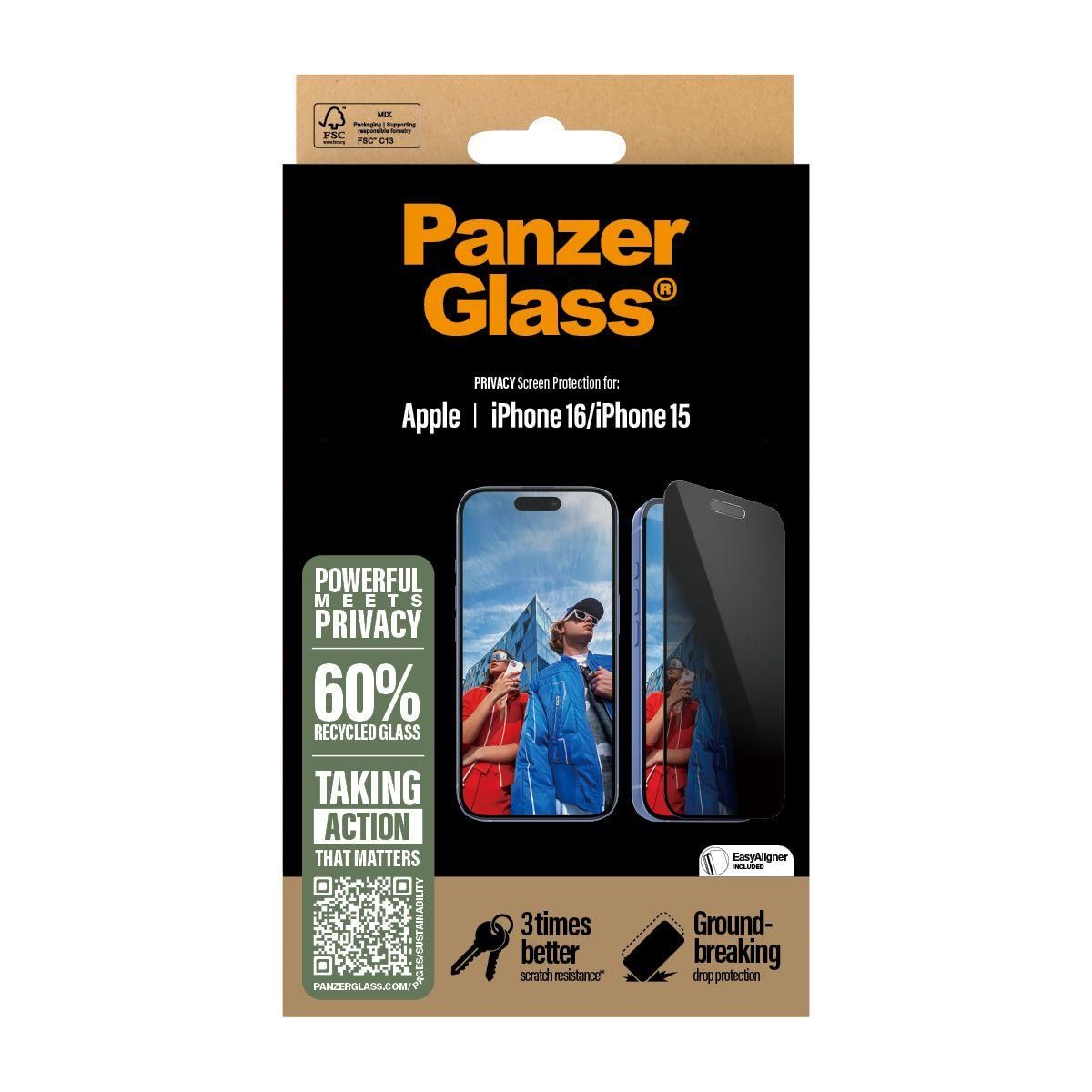 PANZERGLASS Protège écran iPhone 16 Privacy verre trempé