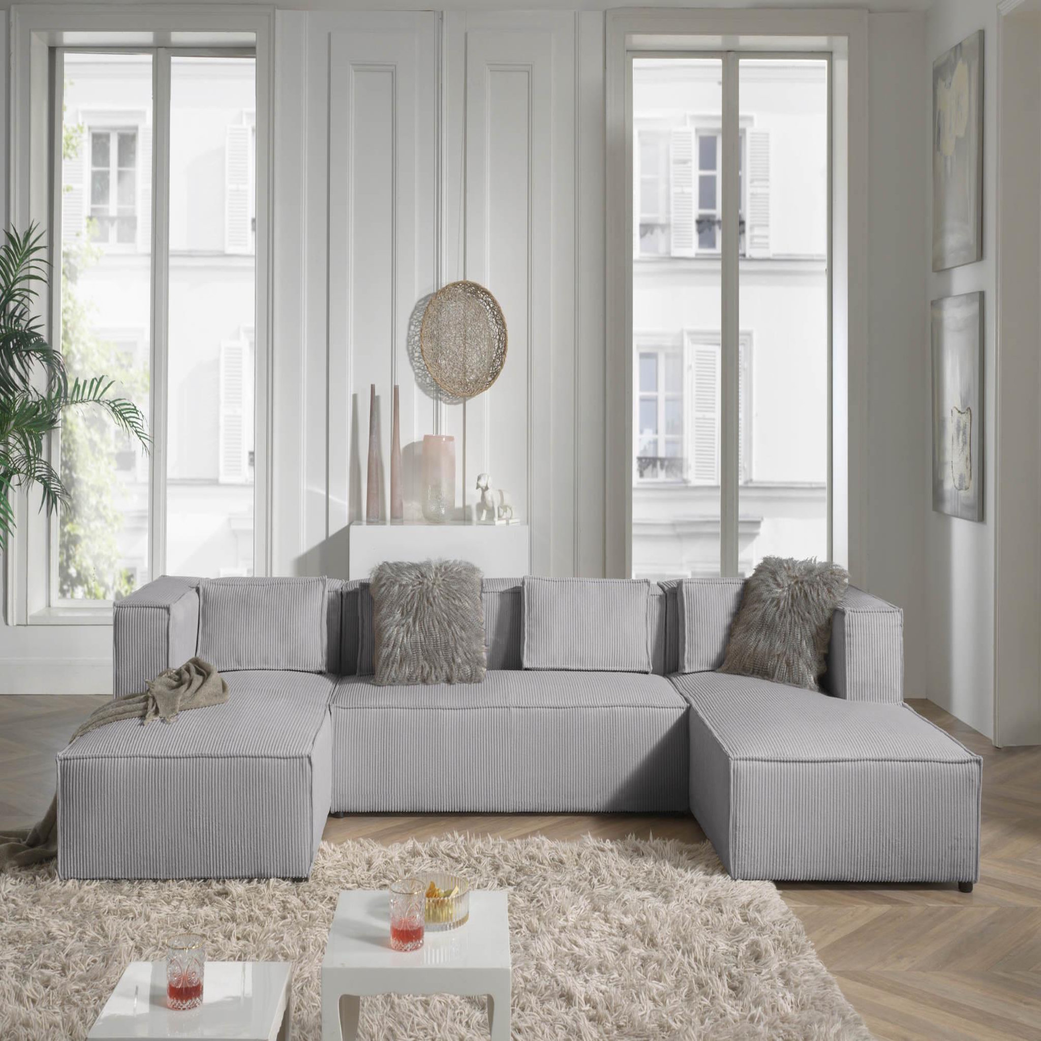 Voir la diapositive 2 : BEST MOBILIER Stella - canapé panoramique en u - 7 places - en velours côtelé