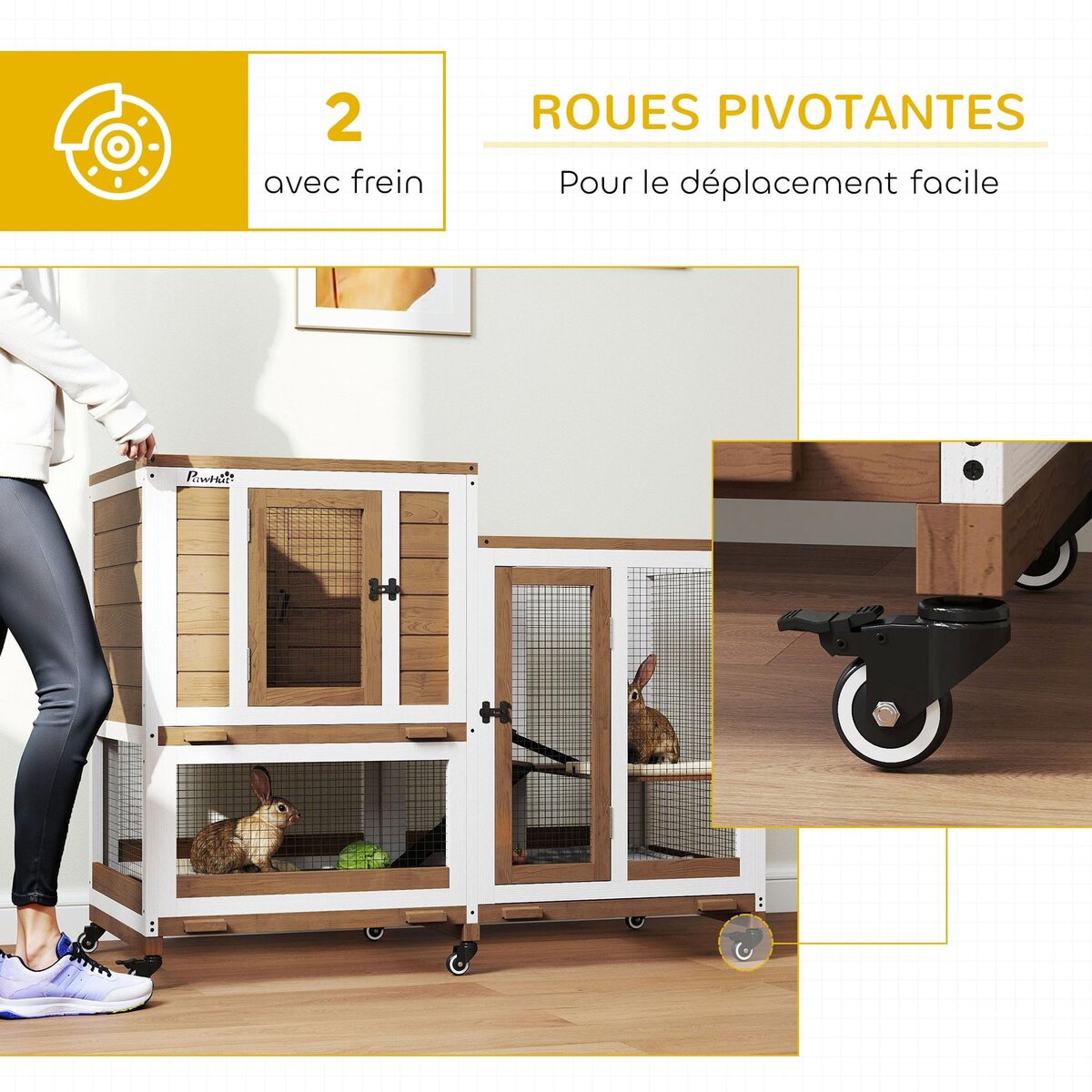 PAWHUT Clapier à lapin sur roulettes cage à lapin 3 niveaux 2 portes verrouillables 3 plateaux coulissants rampes bois sapin acier marron blanc