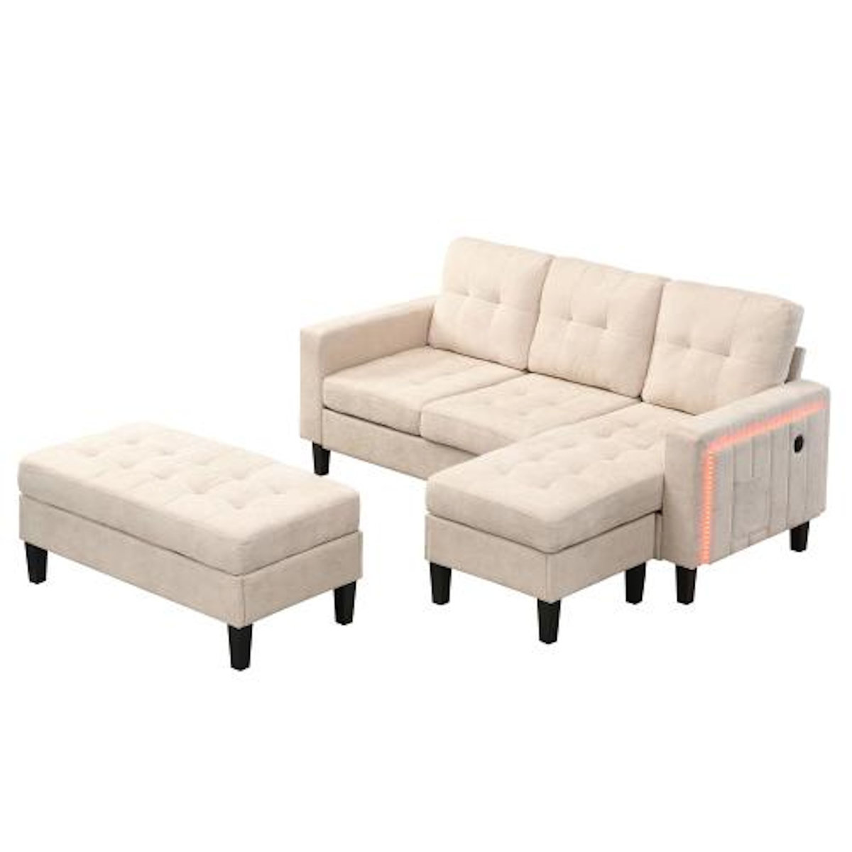 MERAX Canapé d'angle droit fixe 3 places tissu led