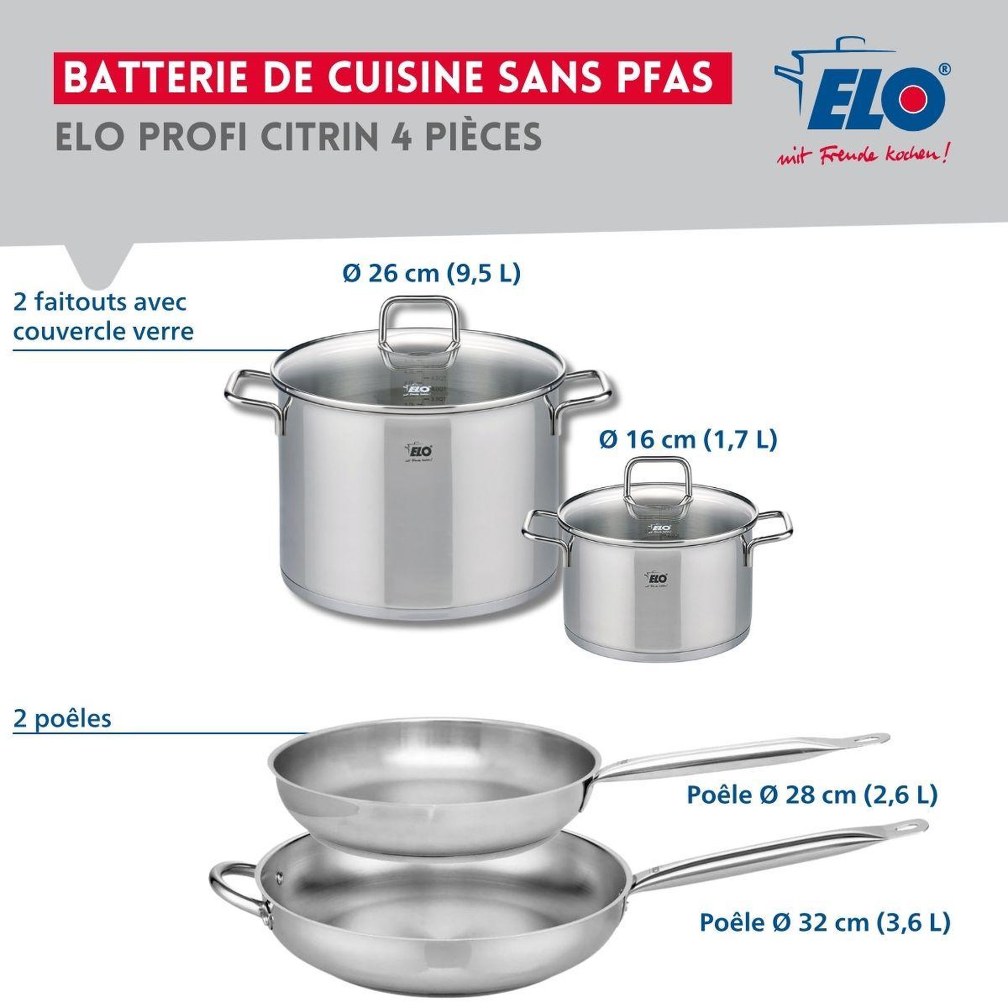Voir la diapositive 2 : ELO Ensemble de 2 poêles de cuisson 28 et 32 cm et 2 faitouts 16 et 26 cm elo profi citrin
