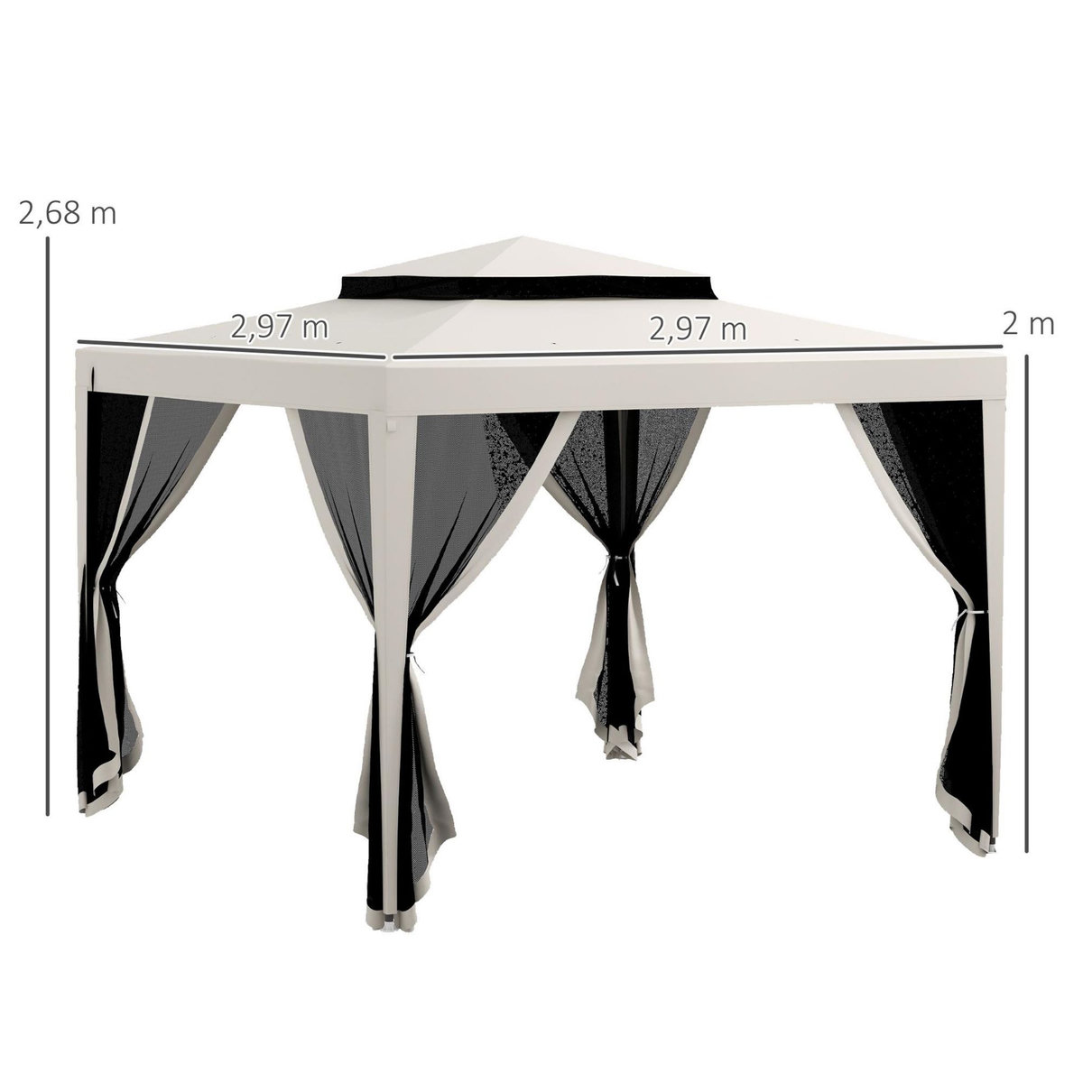 OUTSUNNY Tonnelle barnum de jardin 3L x 3l m avec 4 moustiquaires amovibles - double toit - métal polyester blanc cassé