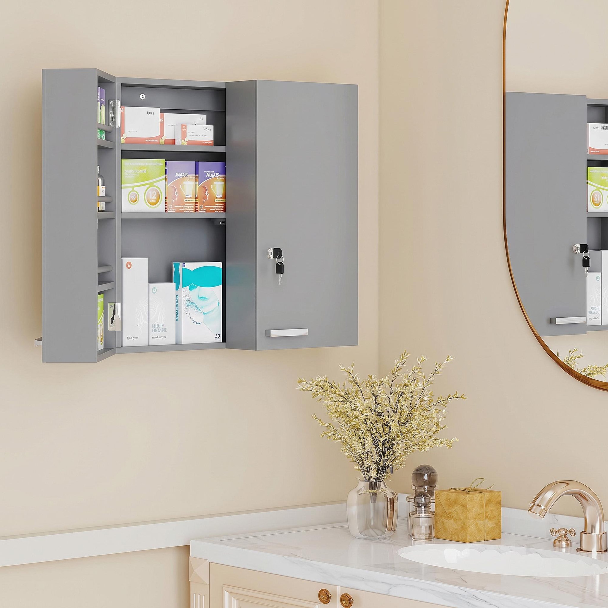 Voir la diapositive 4 : HOMCOM Armoire à pharmacie 4 étagères double porte verrouillable MDF gris