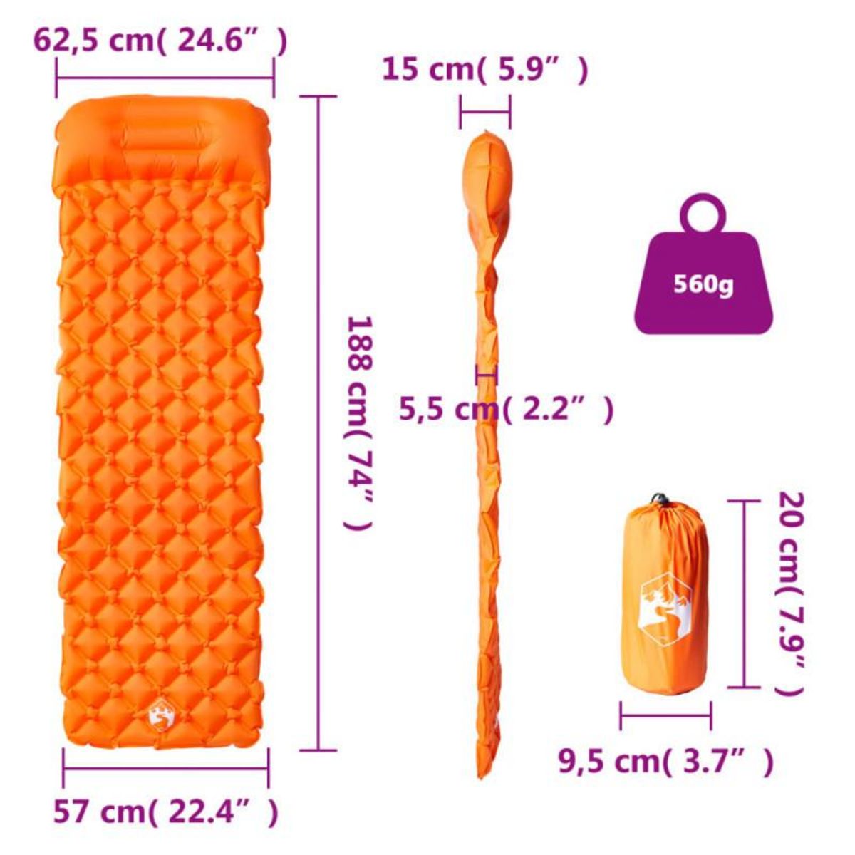 VIDAXL Matelas de camping gonflable avec oreiller 1 personne orange