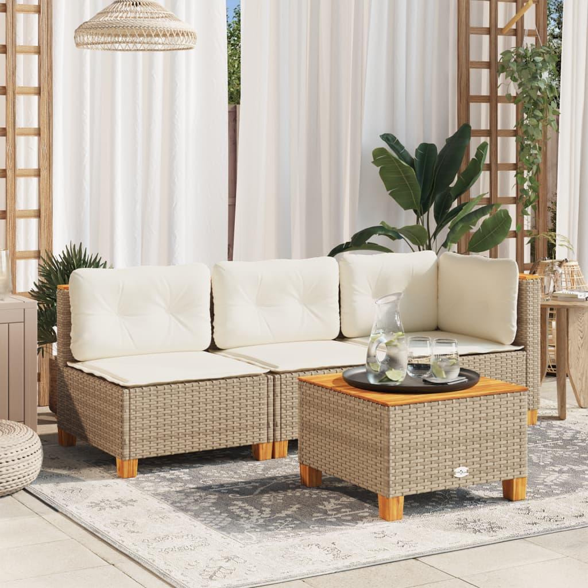 VIDAXL Canape de jardin avec coussins 3 places beige resine tressee
