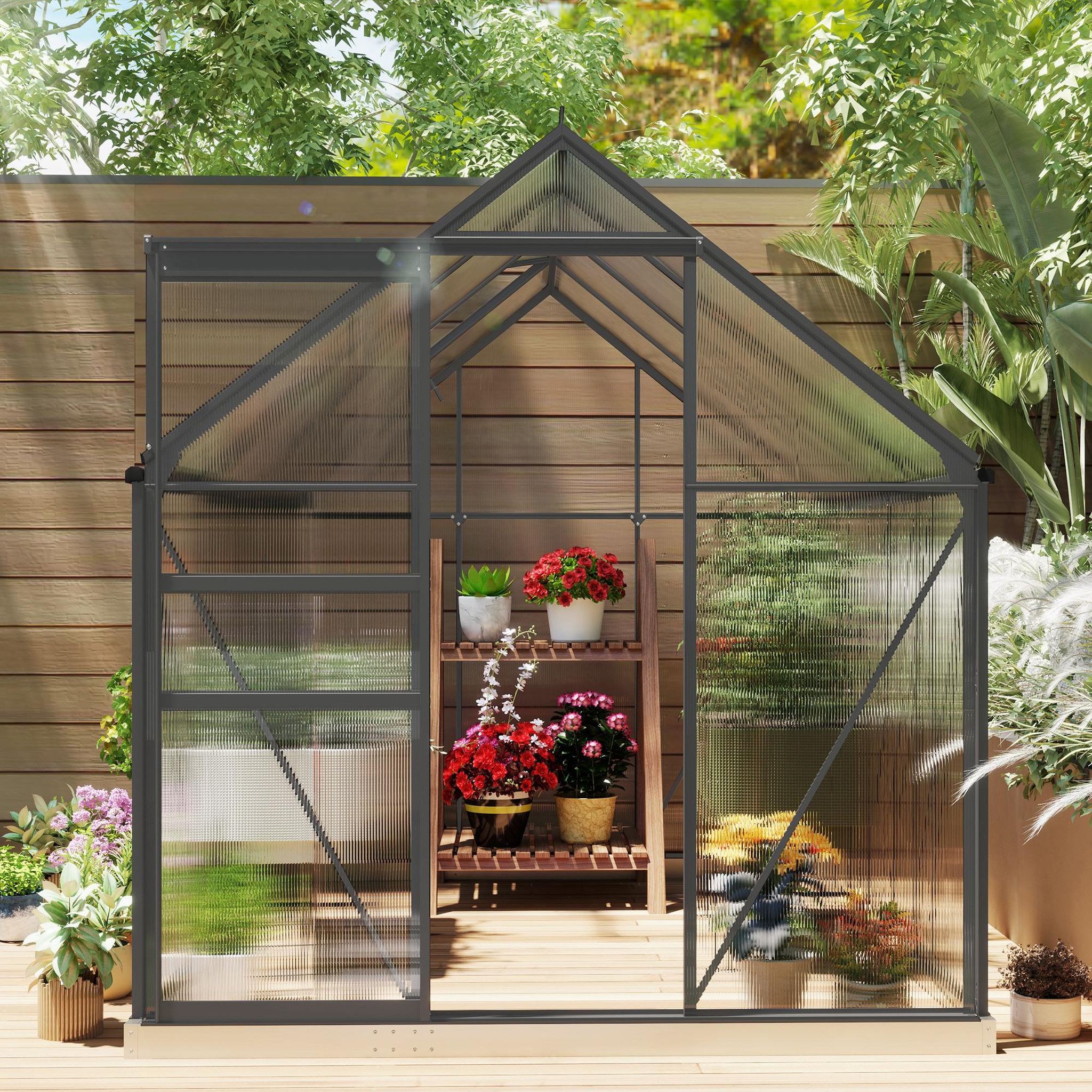 Voir la diapositive 4 : OUTSUNNY Serre de jardin polycarbonate alu 4,8 m² dim. 2,53l x 1,9l x 1,99h m lucarne réglable fondation porte coulissante gris