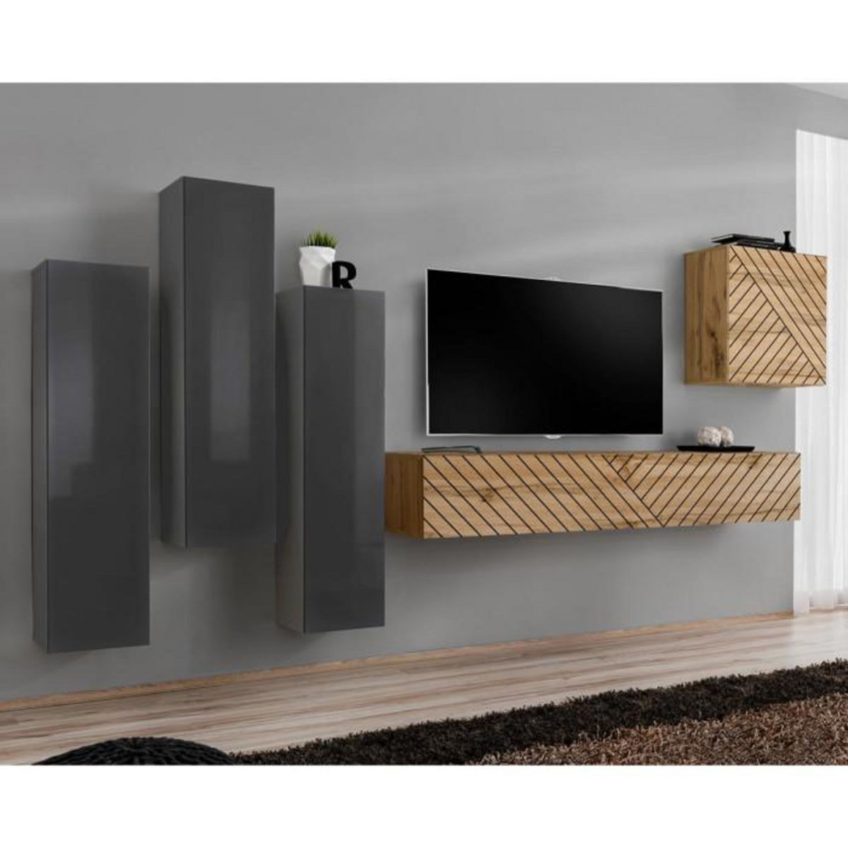 Paris Prix Ensemble Meuble TV  Switch Lamel III  330cm Naturel & Gris