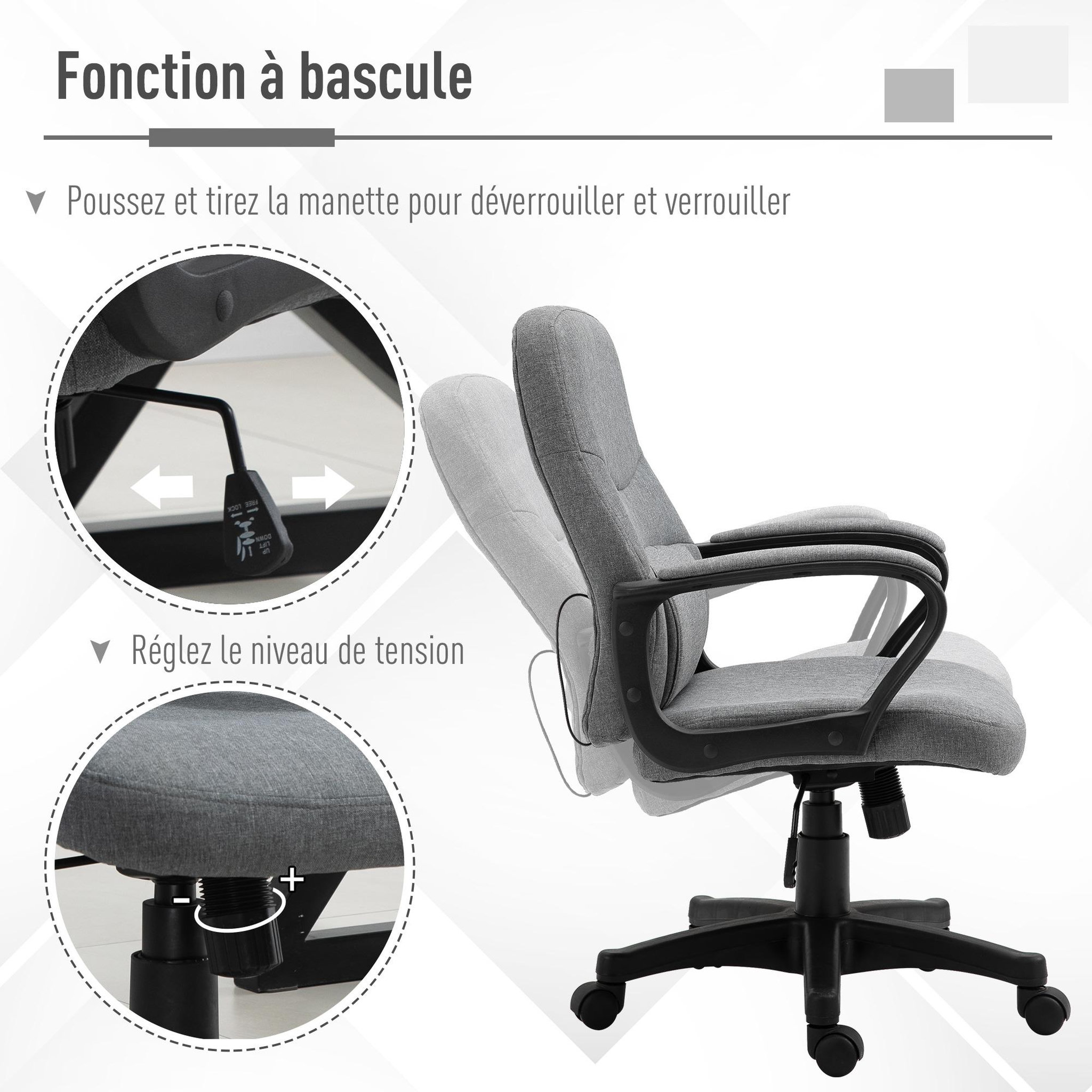 Voir la diapositive 6 : VINSETTO Vinsetto Chaise de bureau fauteuil bureau massant pivotant hauteur réglable tissu lin gris