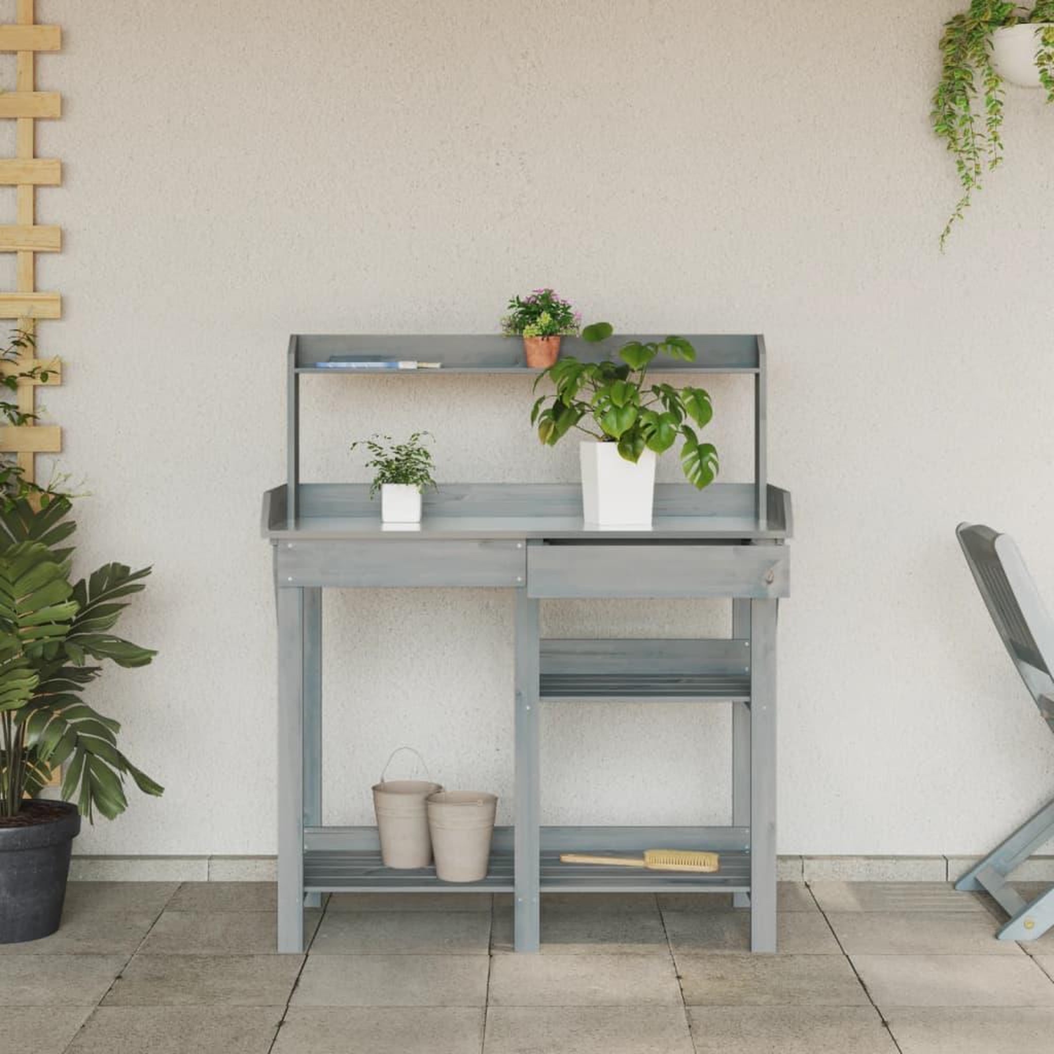 Voir la diapositive 4 : VIDAXL Banc de rempotage avec etageres gris bois massif de sapin