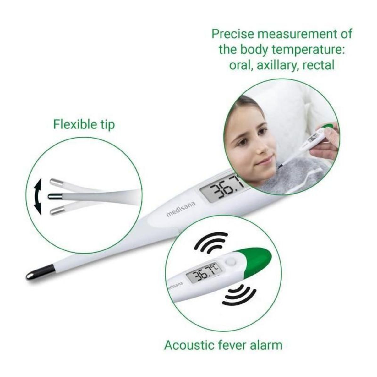 Medisana Thermometre fléxible TM 700 medisana, digital, Oral, Axillaire, Rectal. Alarme sonore, résiste a l'eau. Dispositif médical ce