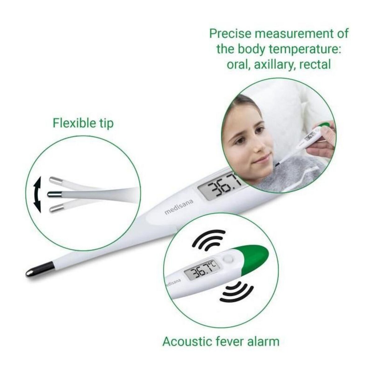 Medisana Thermometre fléxible TM 700 medisana, digital, Oral, Axillaire, Rectal. Alarme sonore, résiste a l'eau. Dispositif médical ce