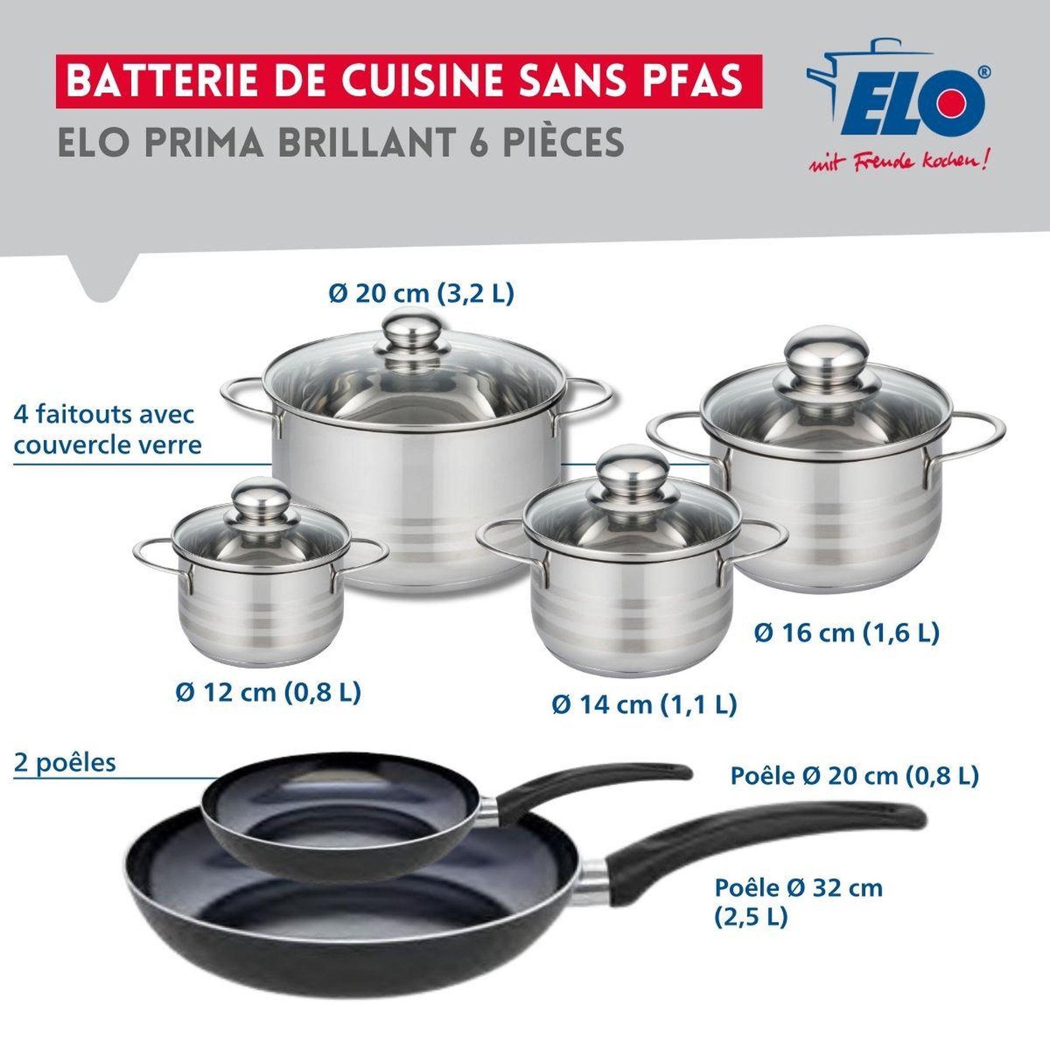 Voir la diapositive 2 : ELO Ensemble de 2 poêles de cuisson 20 et 32 cm et 4 faitouts 12, 14, 16 et 20 cm elo prima brillant