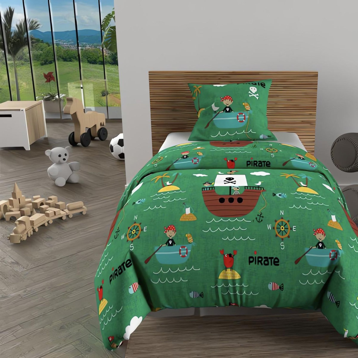 SOLEIL D'OCRE Ensemble couette et parure 5 Pièces PIRATES vert pour lit en 90x190 cm, par Soleil d'ocre