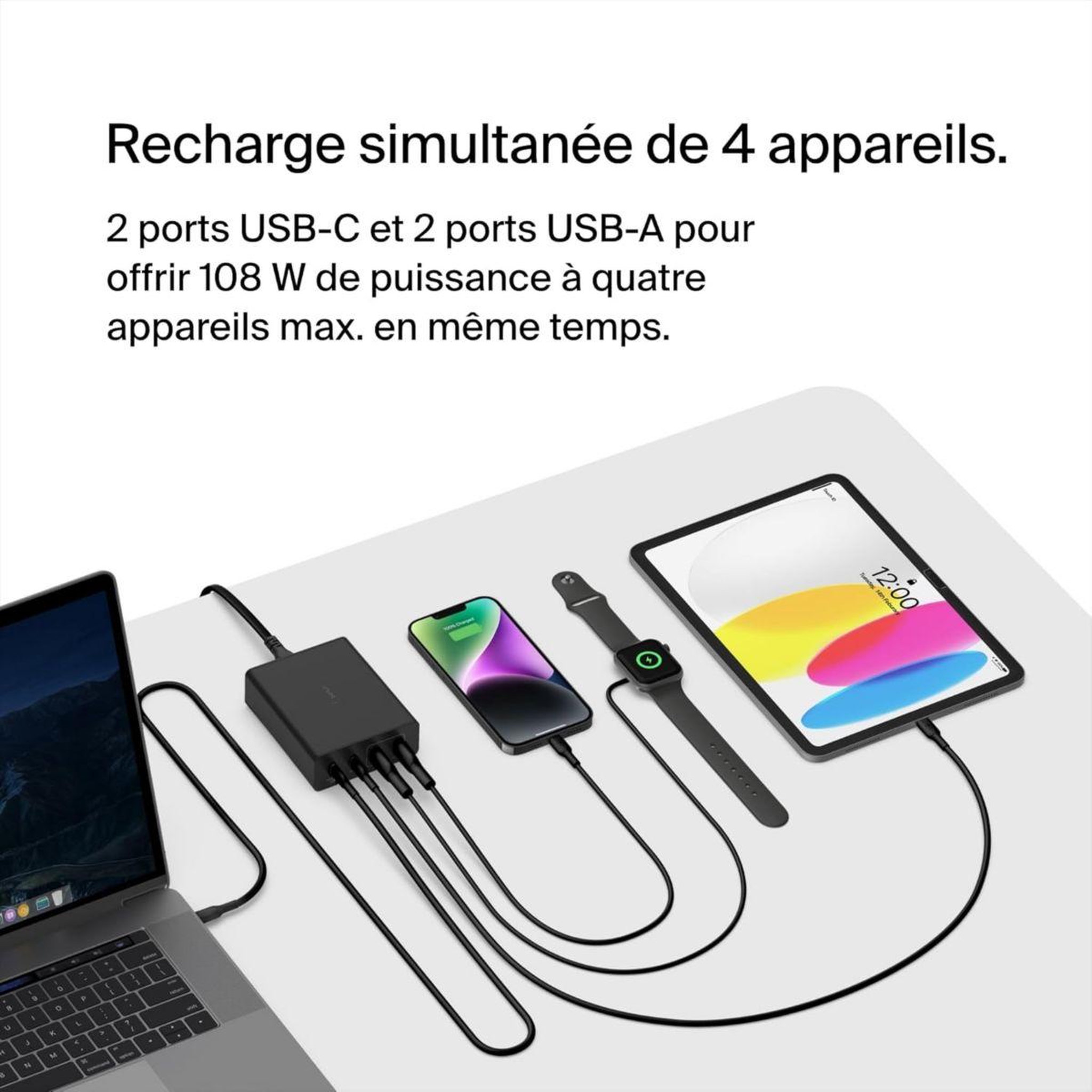 Voir la diapositive 5 : Belkin Chargeur ordinateur portable 4 ports 2 usb-c 2 usb-a 108w noir