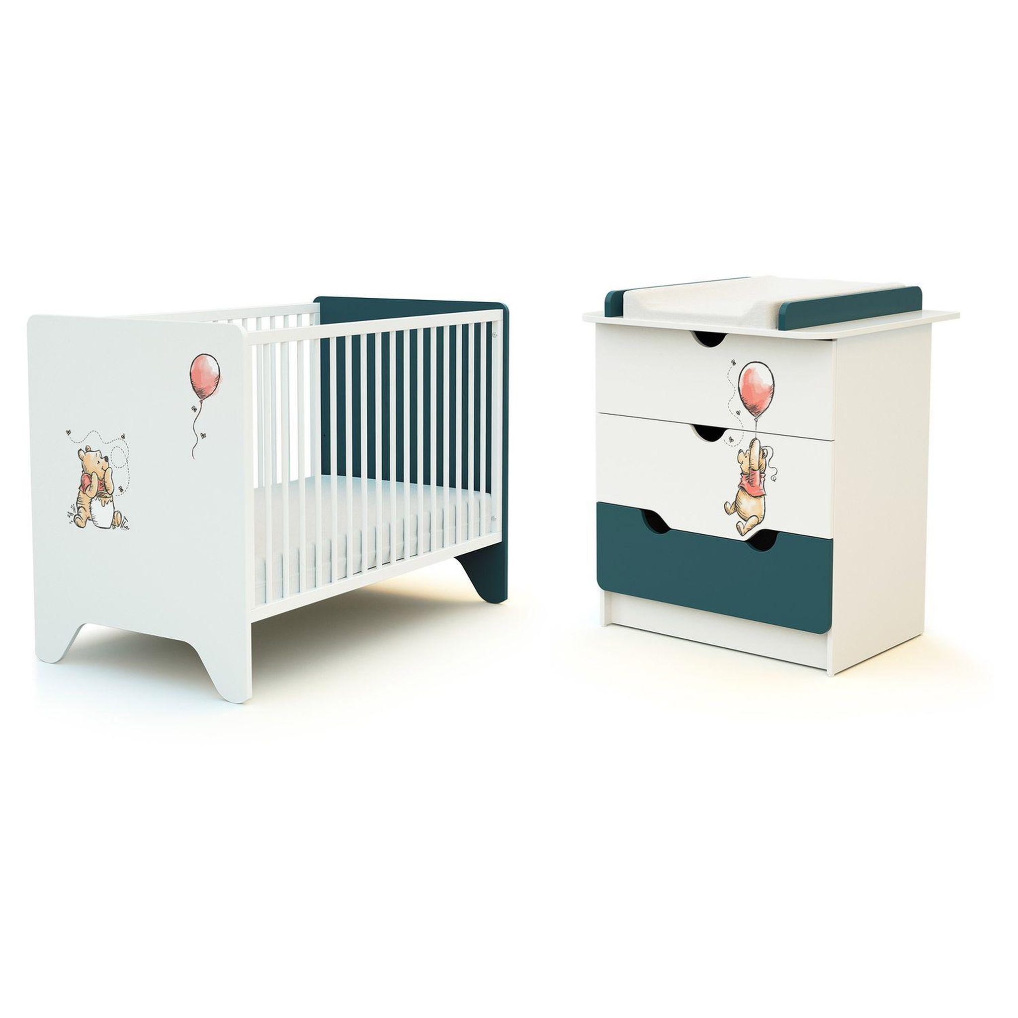 Voir la diapositive 1 : AT4 Ensemble lit bébé 60x120 cm et commode à langer 3 tiroirs WINNIE BALLON DISNEY Bleu canard
