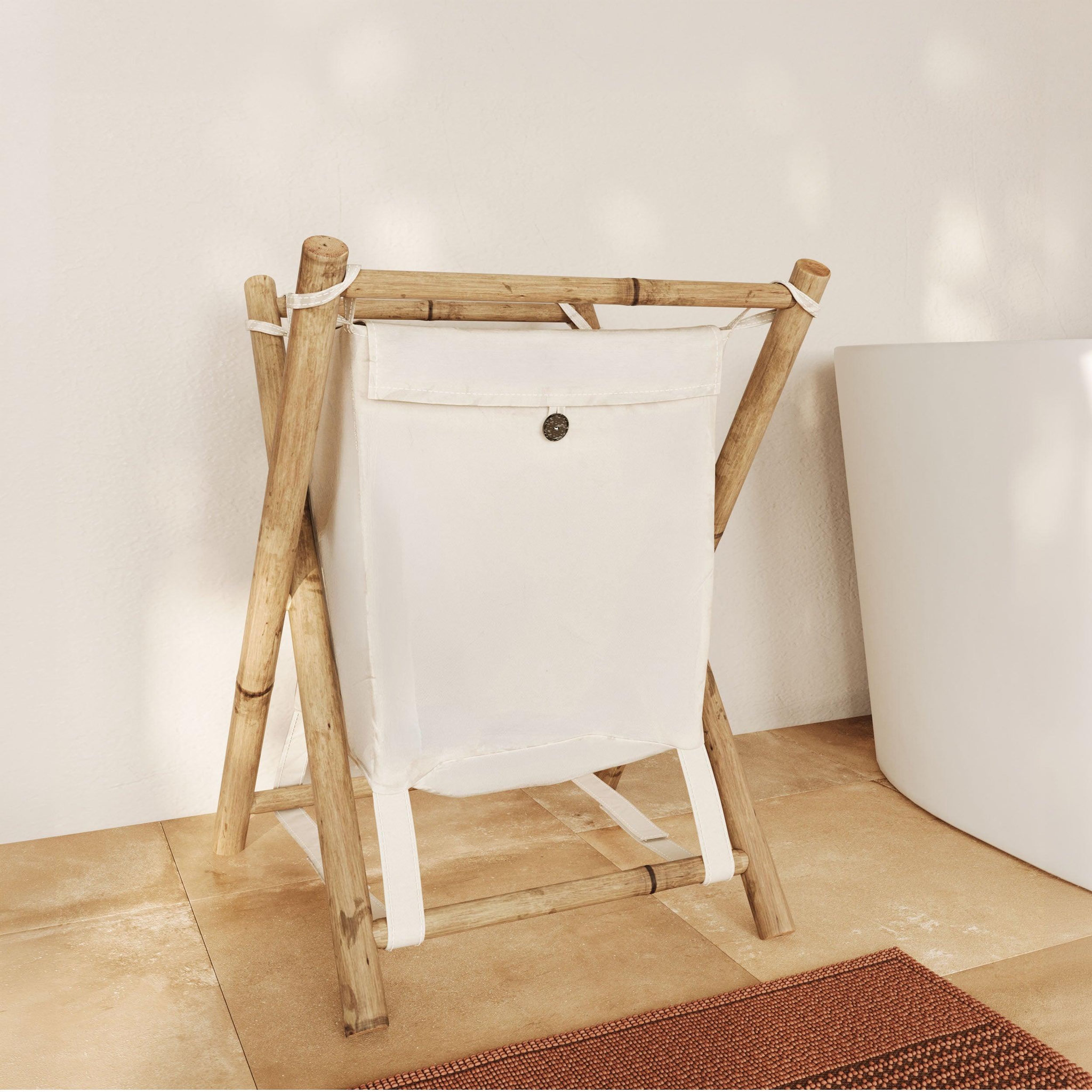 Voir la diapositive 2 : MAISON PAVANE Panier à linge pliable en tissu blanc et bambou -bami