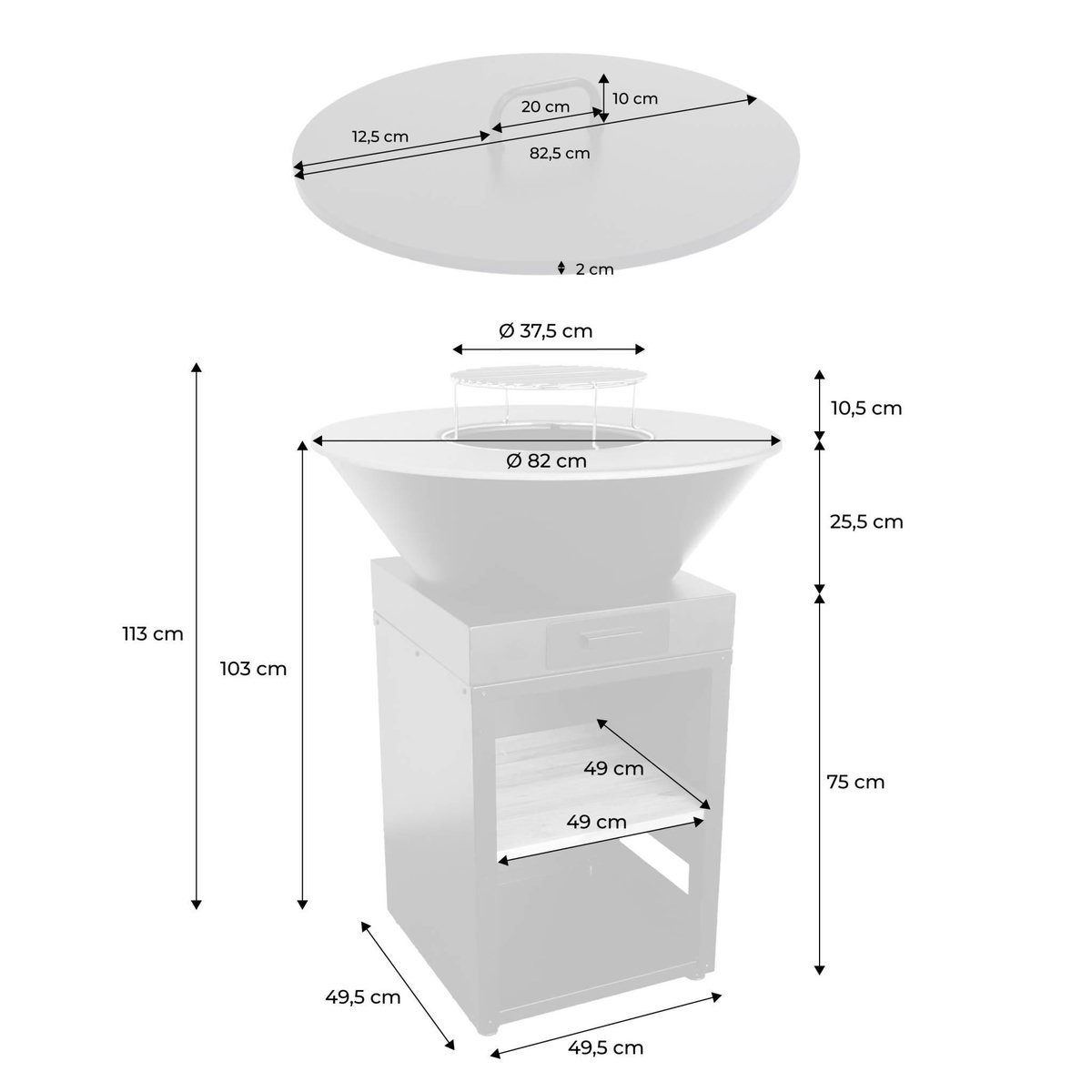 SWEEEK Braséro de cuisson Ø81.5cm avec grille de cuisson. espace de rangement et couvercle noir