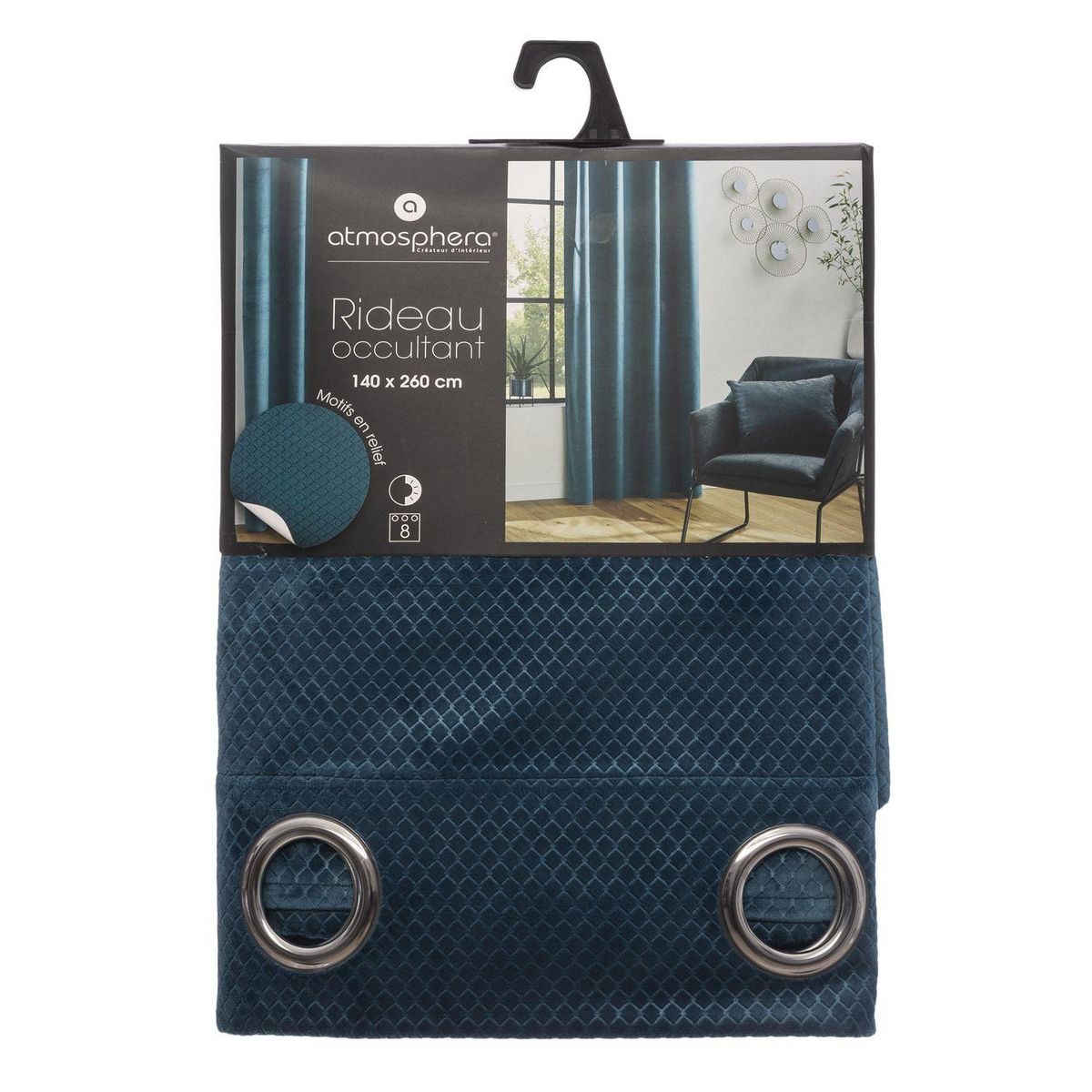 ATMOSPHERA Rideau de salon occultant 8 œillets modèle Otto - 140 x 260 cm - Bleu canard