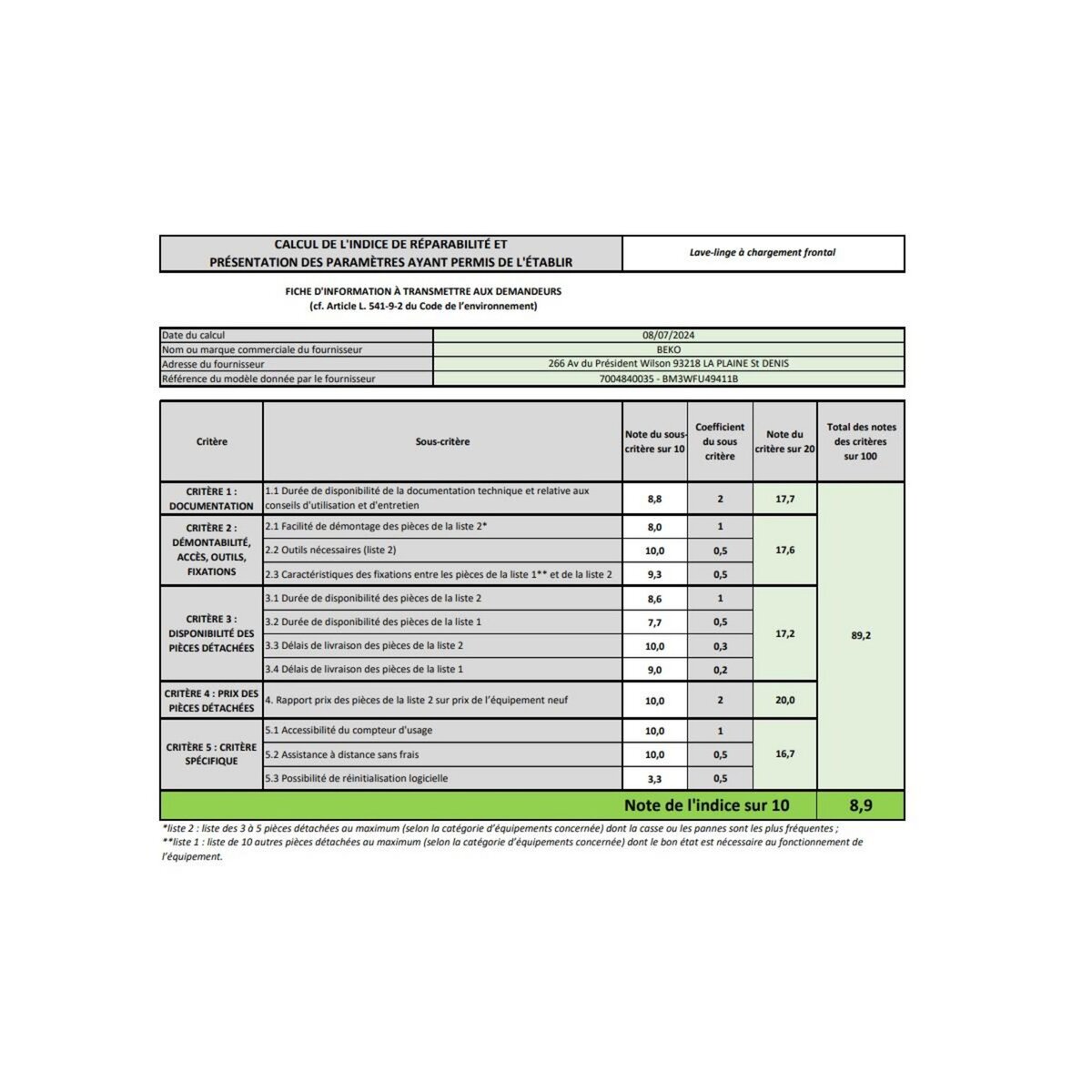 Beko Lave-linge frontal 9kg 1400 tours/min - BM3WFU49411B