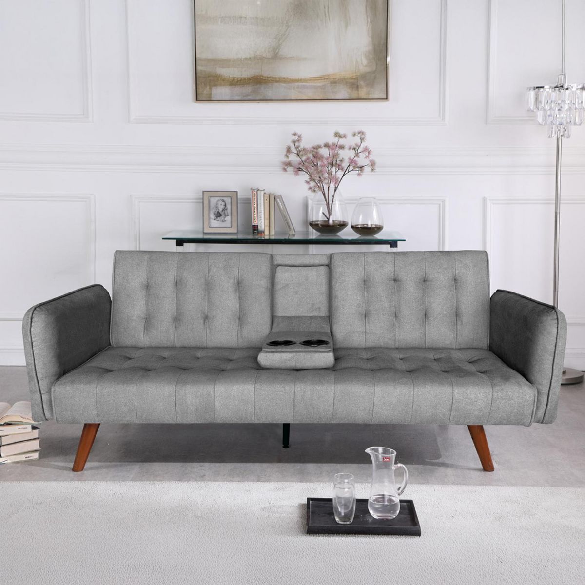 CONCEPT USINE Canapé 3 places convertible en velours avec tablette centrale rabattable gris INVERNESS