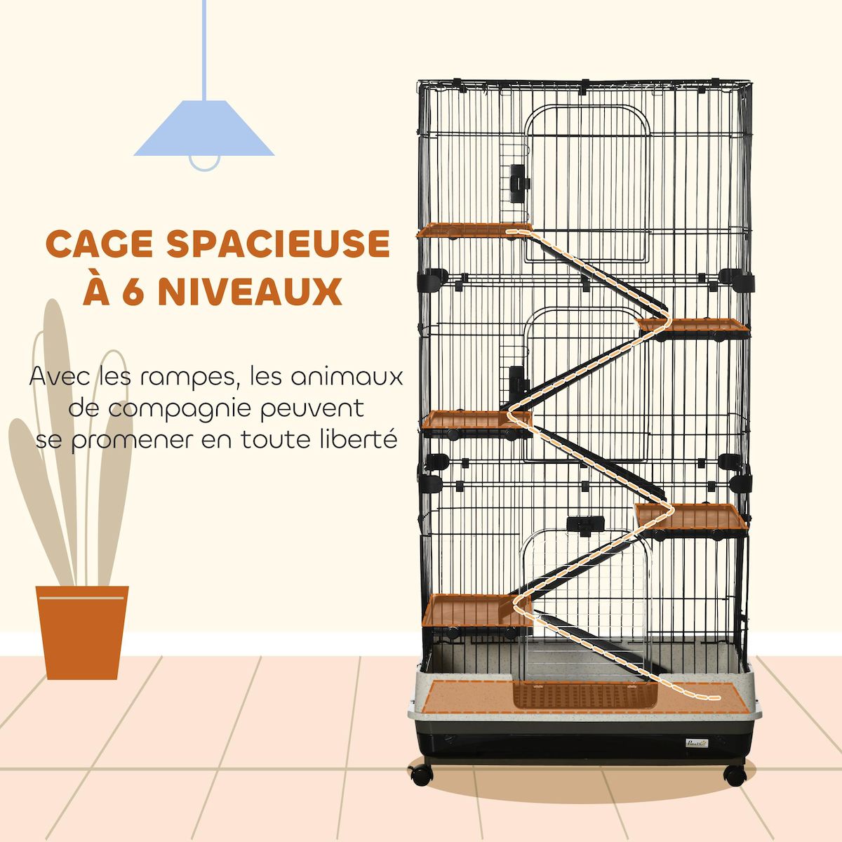PAWHUT Cage pour cochons d'Inde chinchilla rongeur sur roulettes - 5 étages, 3 portes, plateau déjection - noir gris
