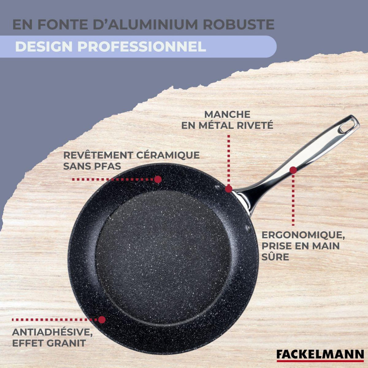 Fackelmann Set poêle 20 cm fonte alu revêtement antiadhésif céramique sans PFAS et 6 ustensiles inox Fackelmann Crossroad