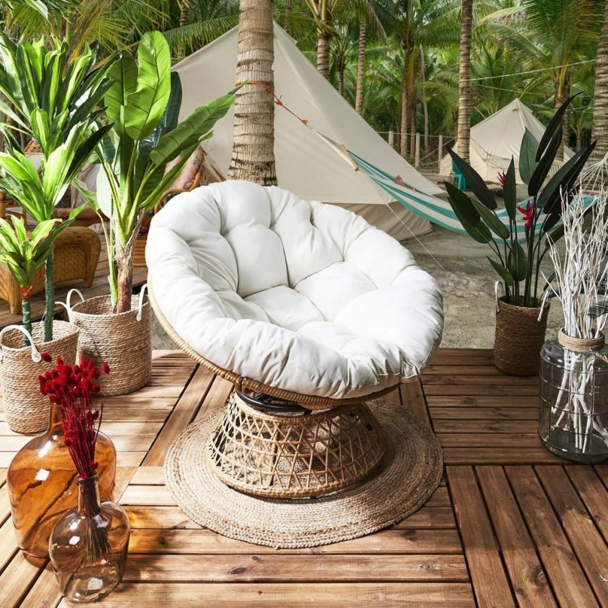 The Home Deco Factory Fauteuil extérieur Cancun coussin blanc