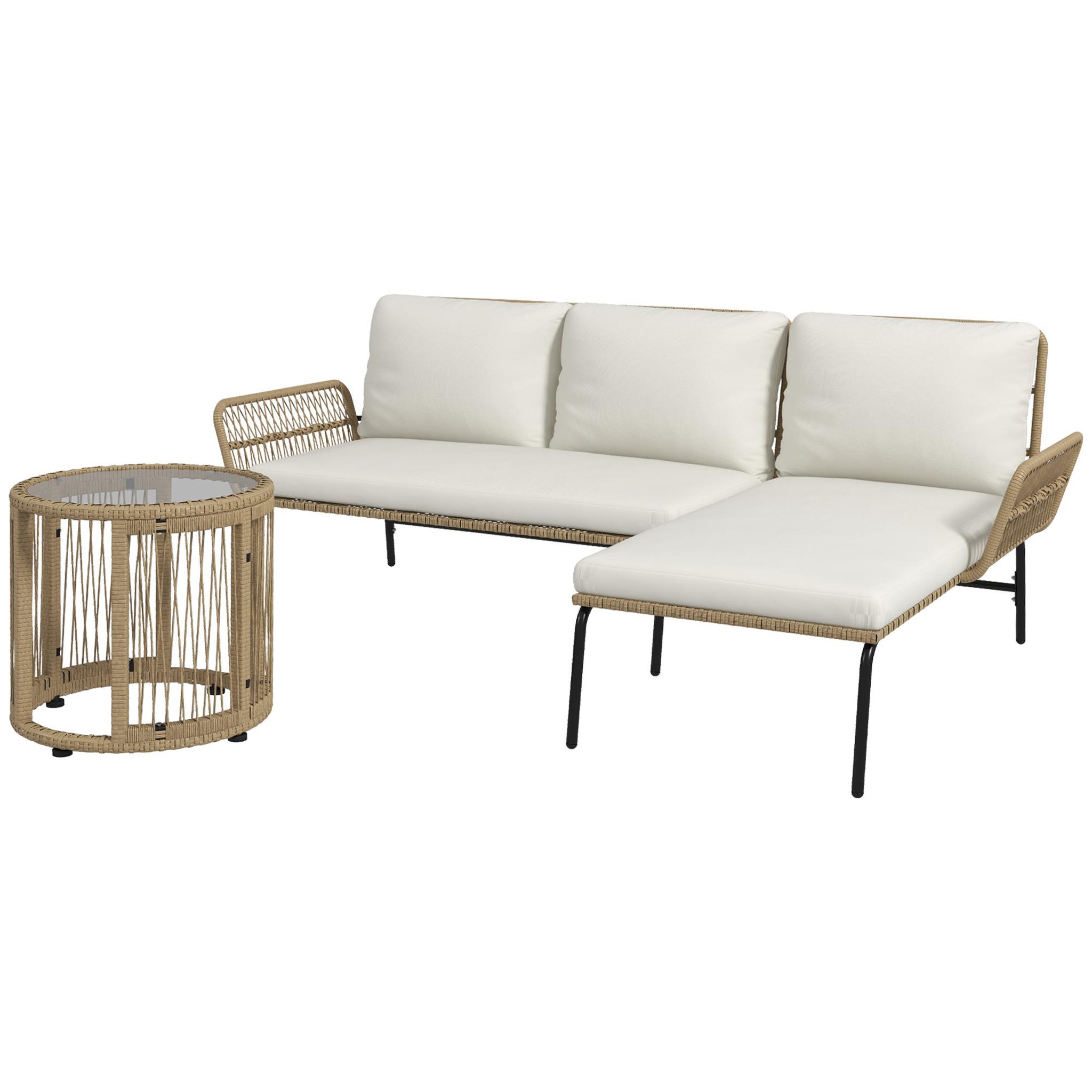 Voir la diapositive 5 : OUTSUNNY Salon de jardin d'angle 3 places résine tressée avec table basse et coussins