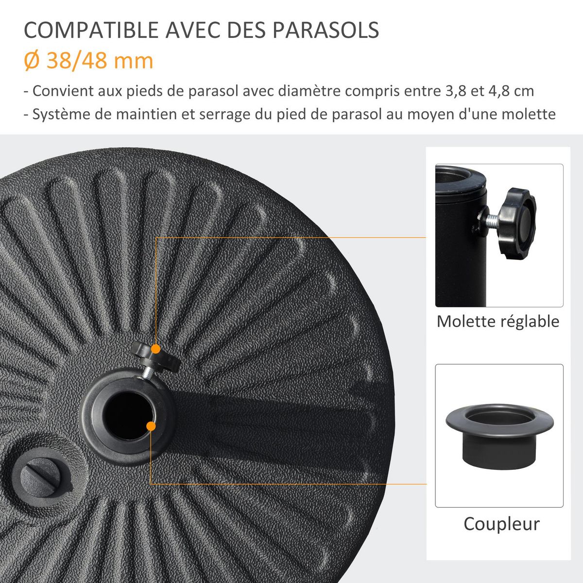 OUTSUNNY Pied de parasol rond base de lestage parasol Ø 51 x 30H cm HDPE motif rosace surface texturée noir