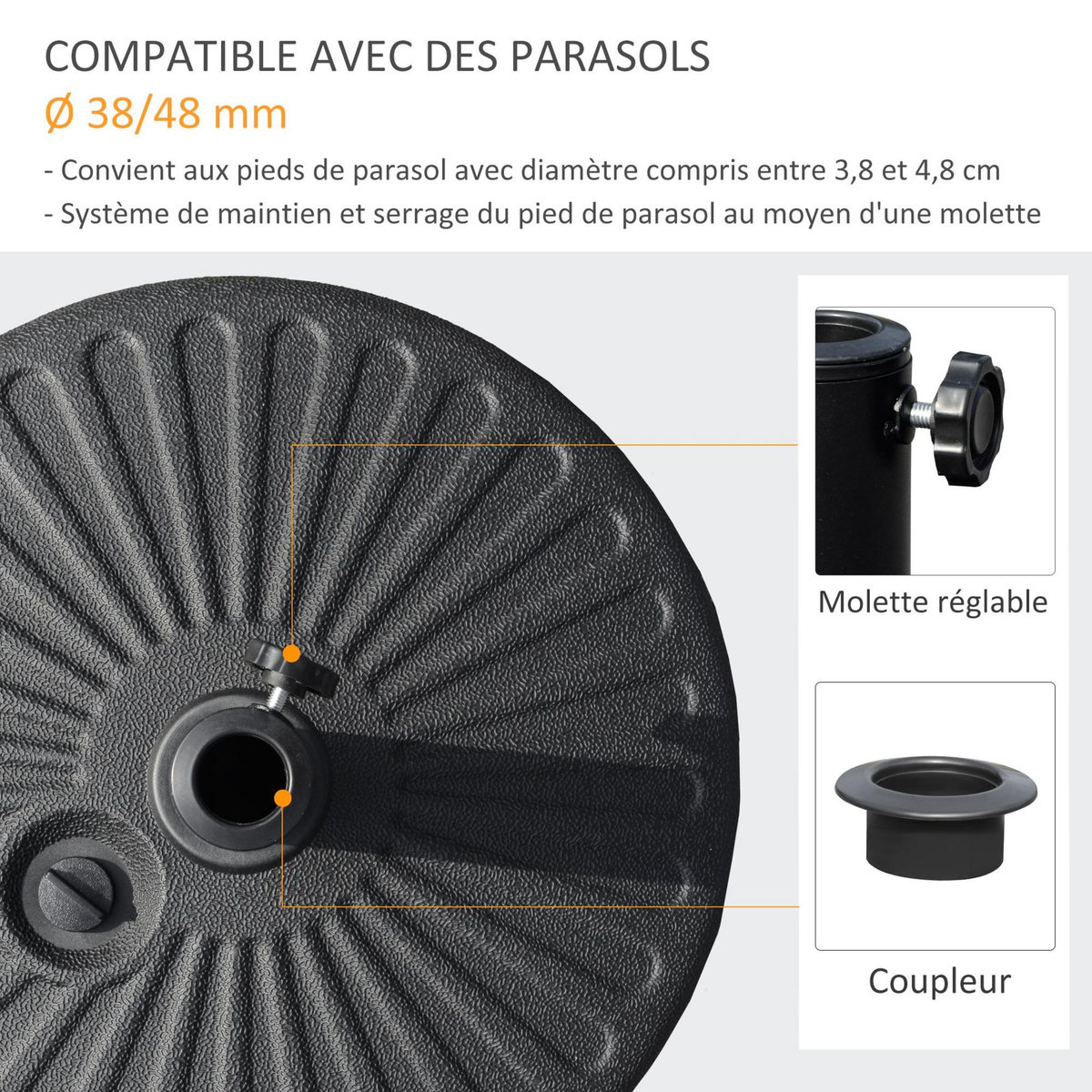 OUTSUNNY Pied de parasol rond base de lestage parasol Ø 51 x 30H cm HDPE motif rosace surface texturée noir