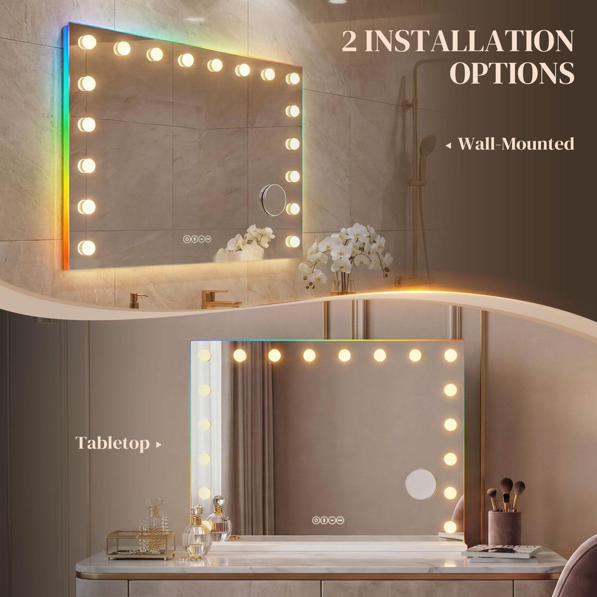 HOMCOM Miroir maquillage Hollywood lumineux LED tactile réglable 18 ampoules HP bluetooth