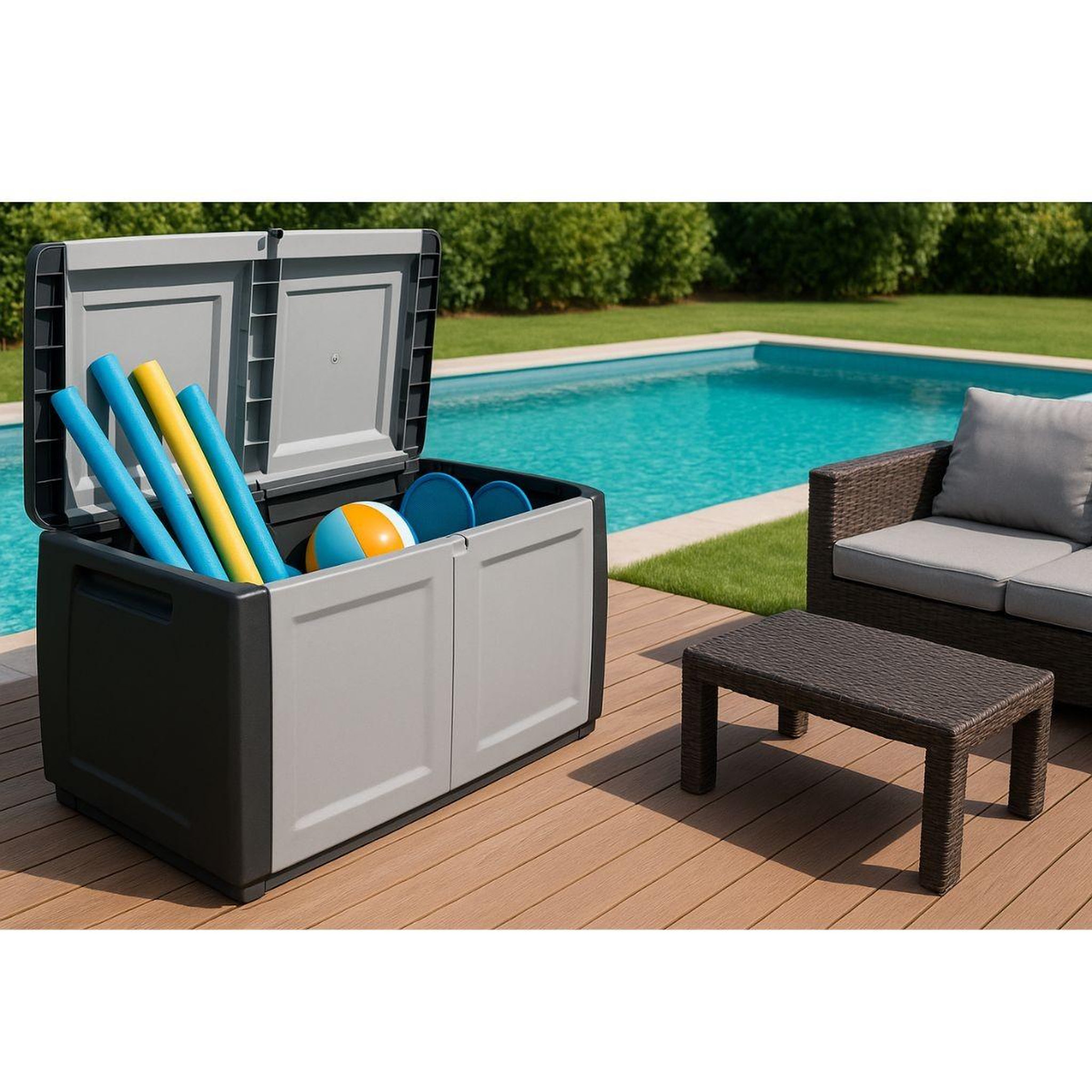 Voir la diapositive 4 : INTEC Coffre de rangement 230L Coffre de Jardin Gris/Noir 96 x 53 x H57cm Poignées de transport polypropylène INTEC