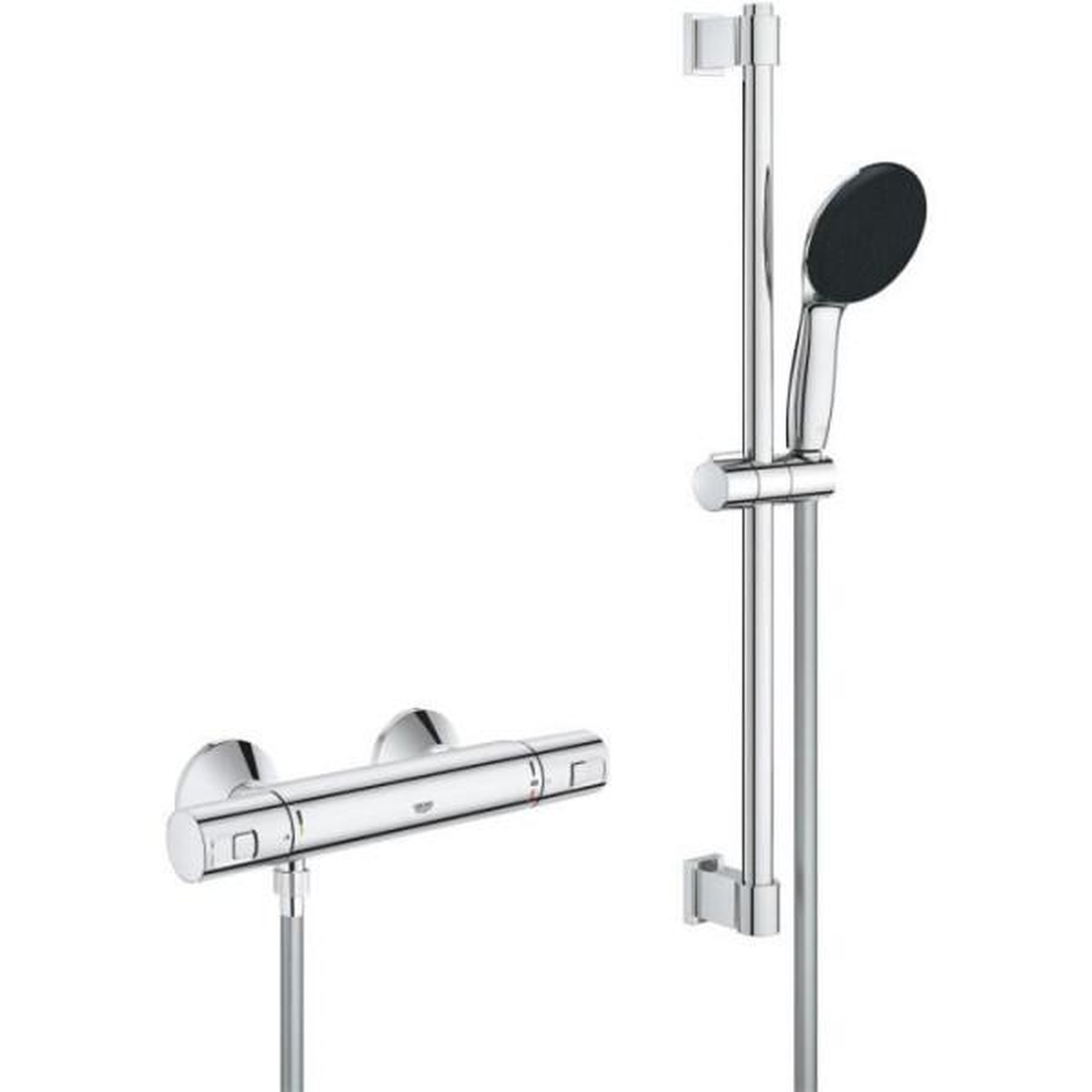 Grohe Ensemble de douche avec mitigeur thermostatique, pommeau 1 jet, barre 60cm et flexible - GROHE 34597001 - Economie d'eau - Chrom