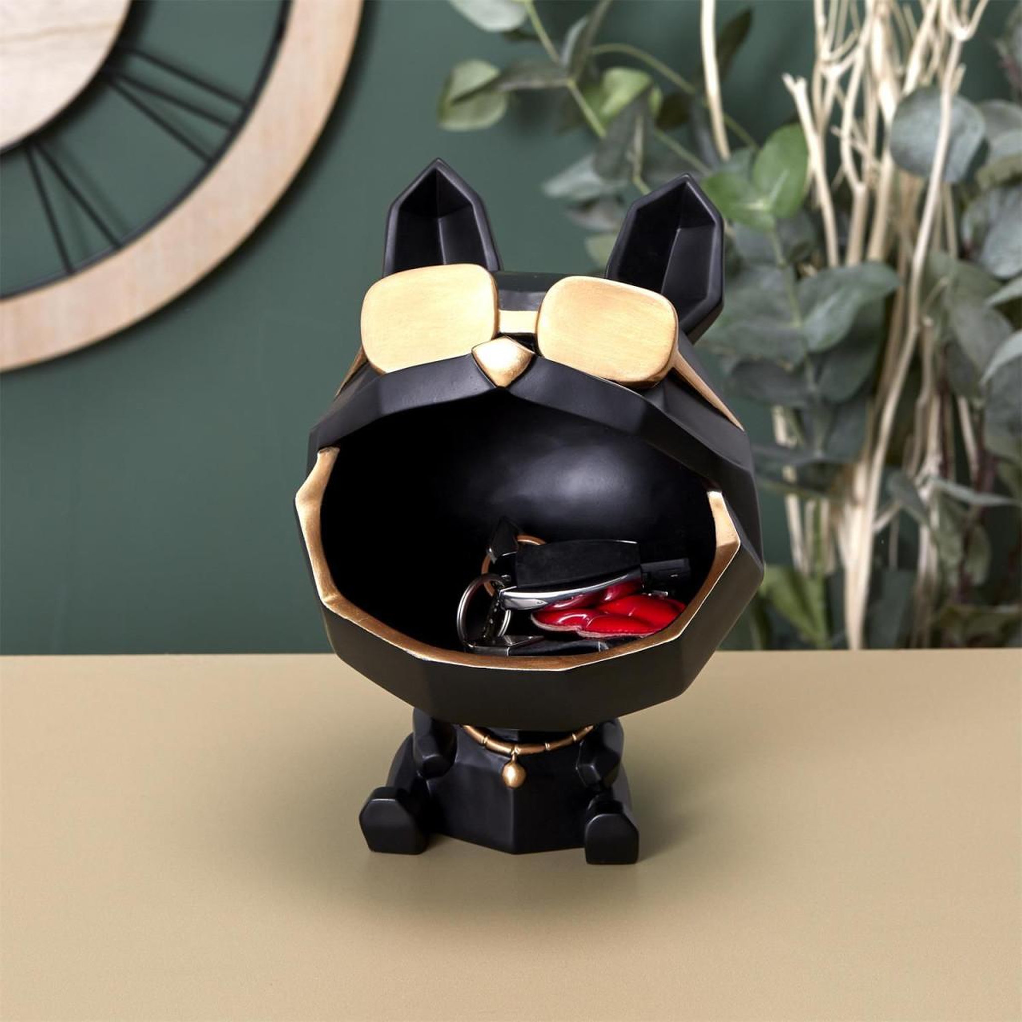 Voir la diapositive 4 : The Home Deco Factory Statuette & vide-poche  chien à lunettes  23cm noir