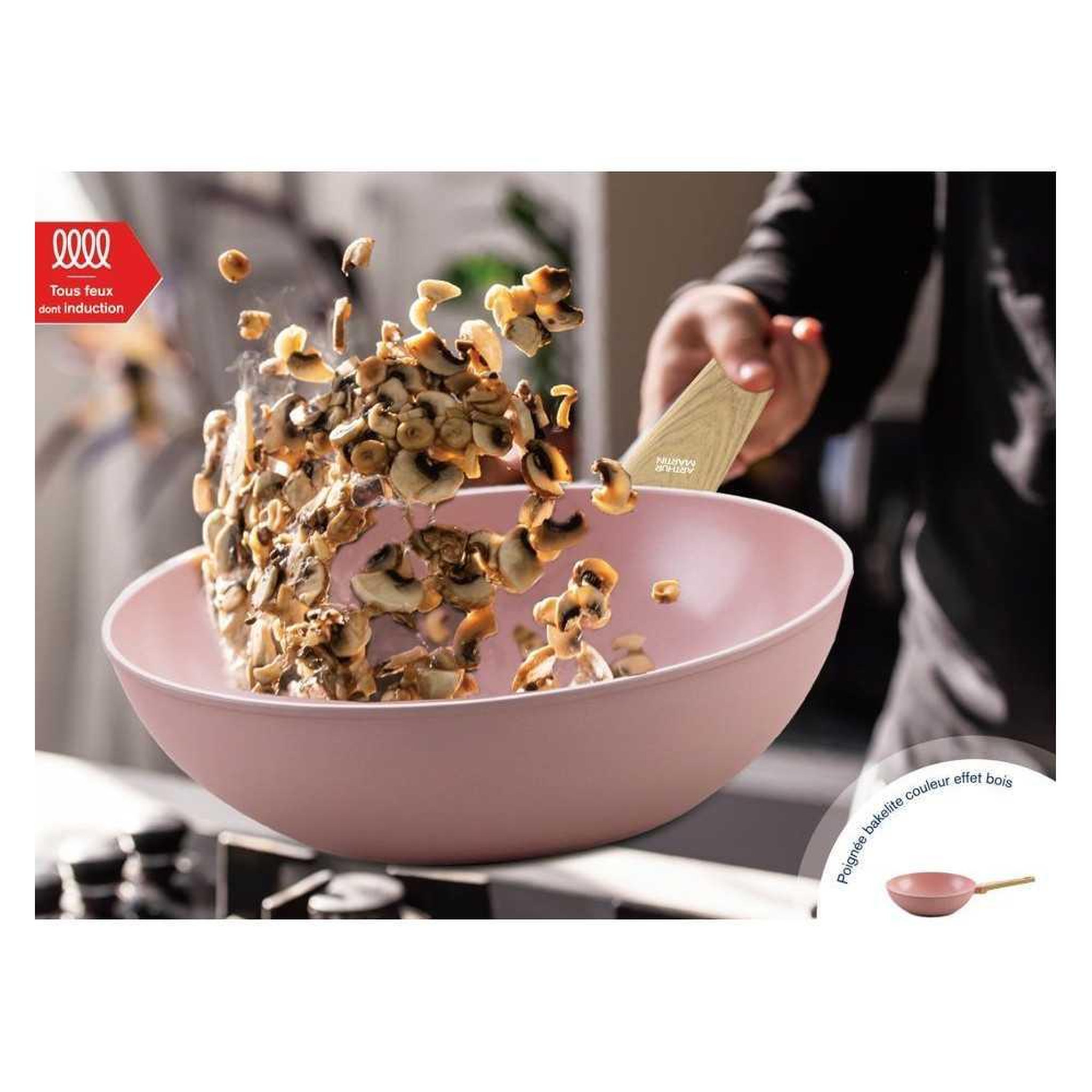 Voir la diapositive 2 : Arthur Martin Wok arthur martin am4944 28 cm rose à revêtement céramique antiadhésif, compatible induction