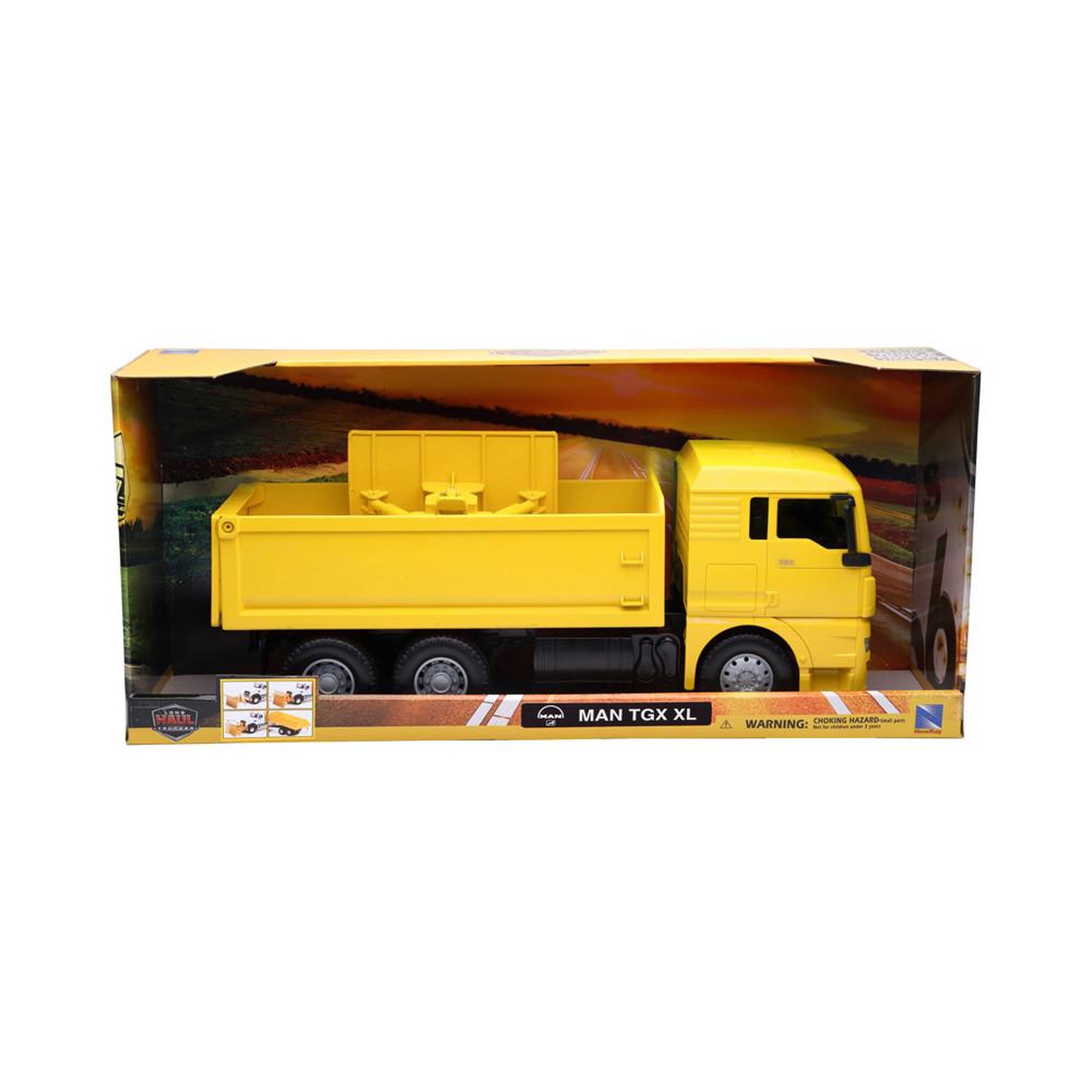New Ray Camion benne MAN TGX 6x4 avec lame à neige échelle 1:18, modèle en métal moulé couleur jaune et détails noirs