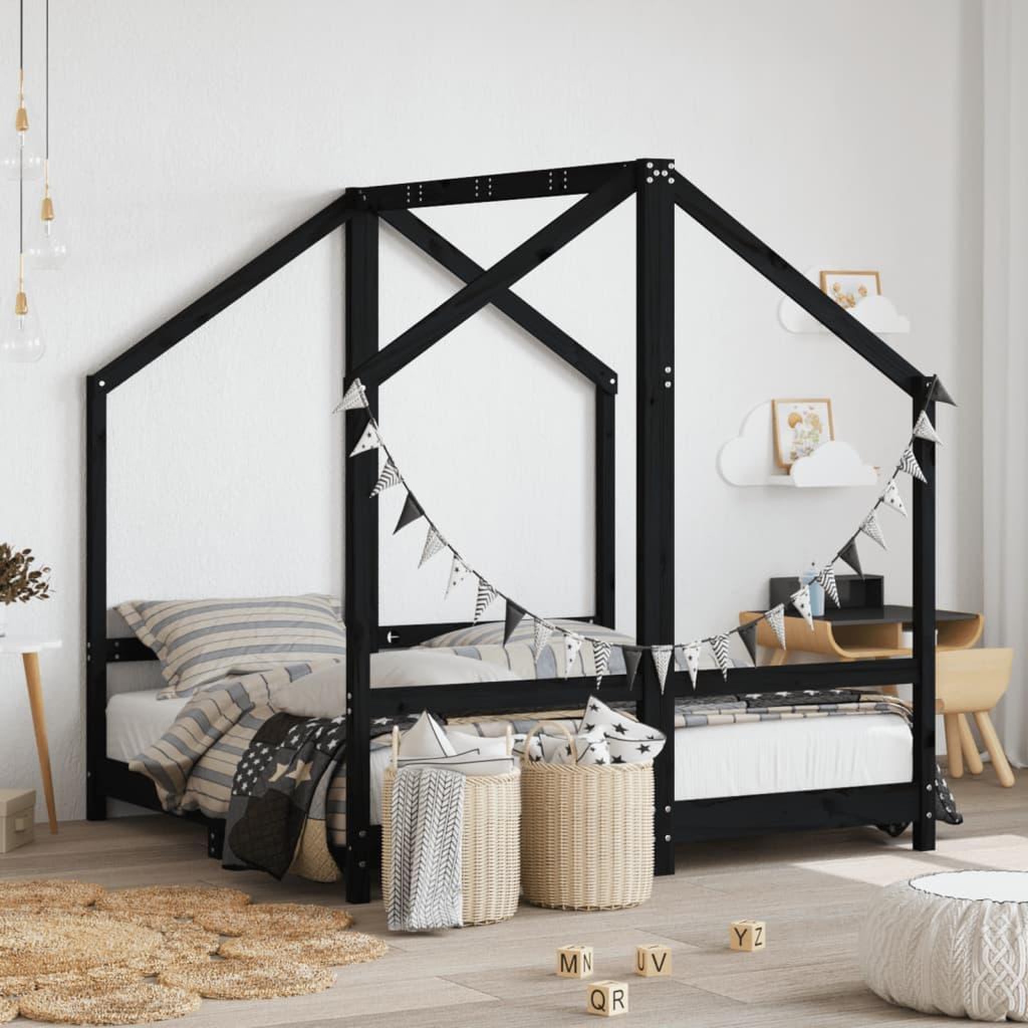 VIDAXL Cadre de lit pour enfant noir 2x(70x140) cm bois de pin massif
