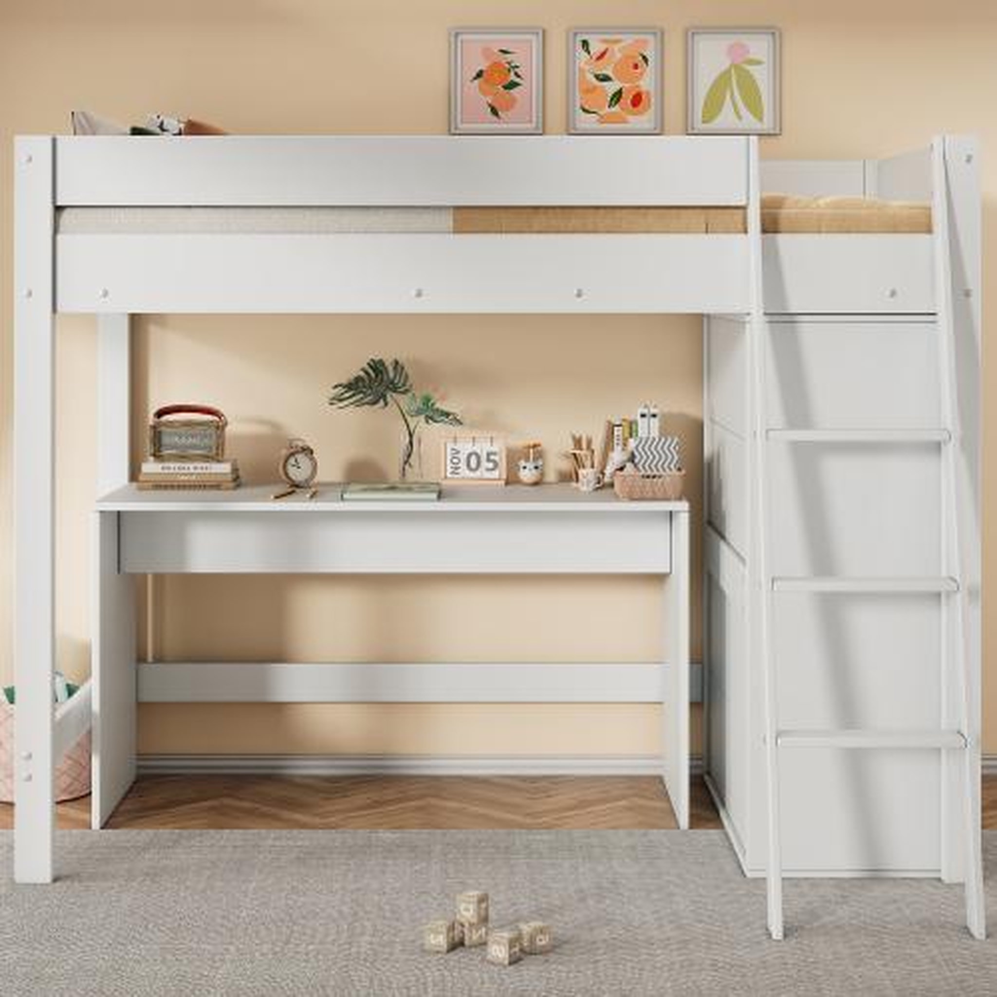 Voir la diapositive 2 : MERAX Lit combiné enfant 90x200 cm coloris blanc bois massif