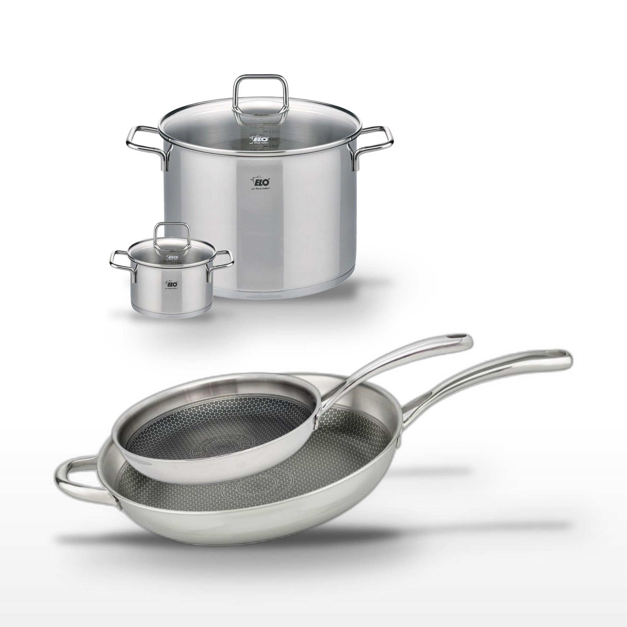 ELO Lot de 2 poêles 28/32cm en inox elo relief evolution et 2 faitouts 14/26cm