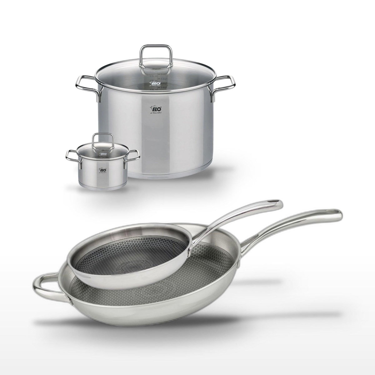 ELO Lot de 2 Poêles 28/32cm en inox Elo Relief Evolution et 2 Faitouts 14/26cm