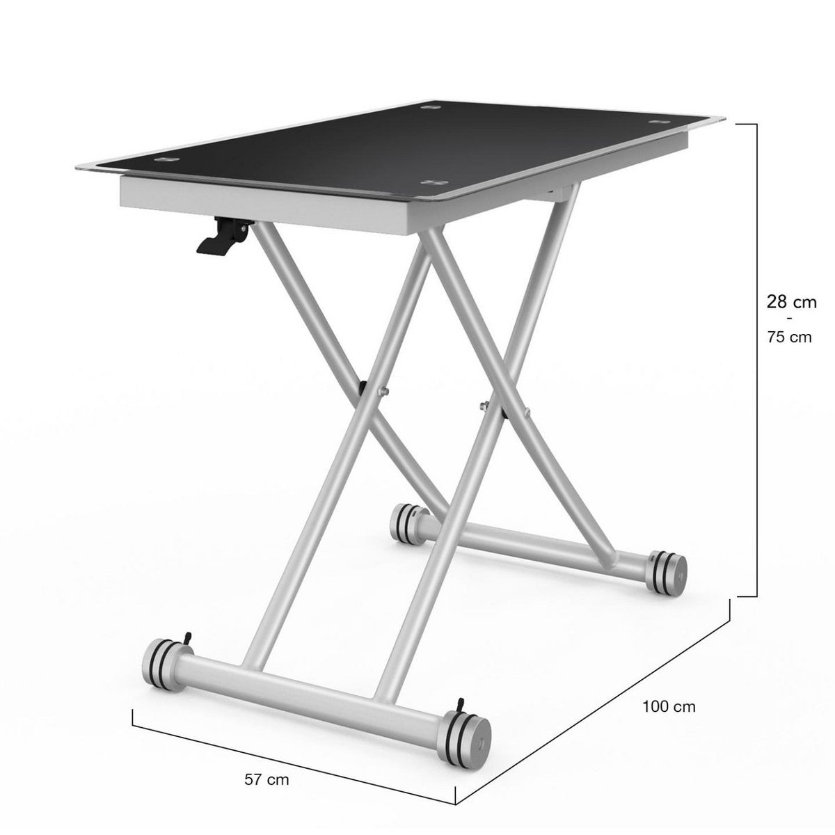 ID MARKET Table basse fixe relevable en table à manger rectangulaire URBANA plateau verre trempé pied chrome