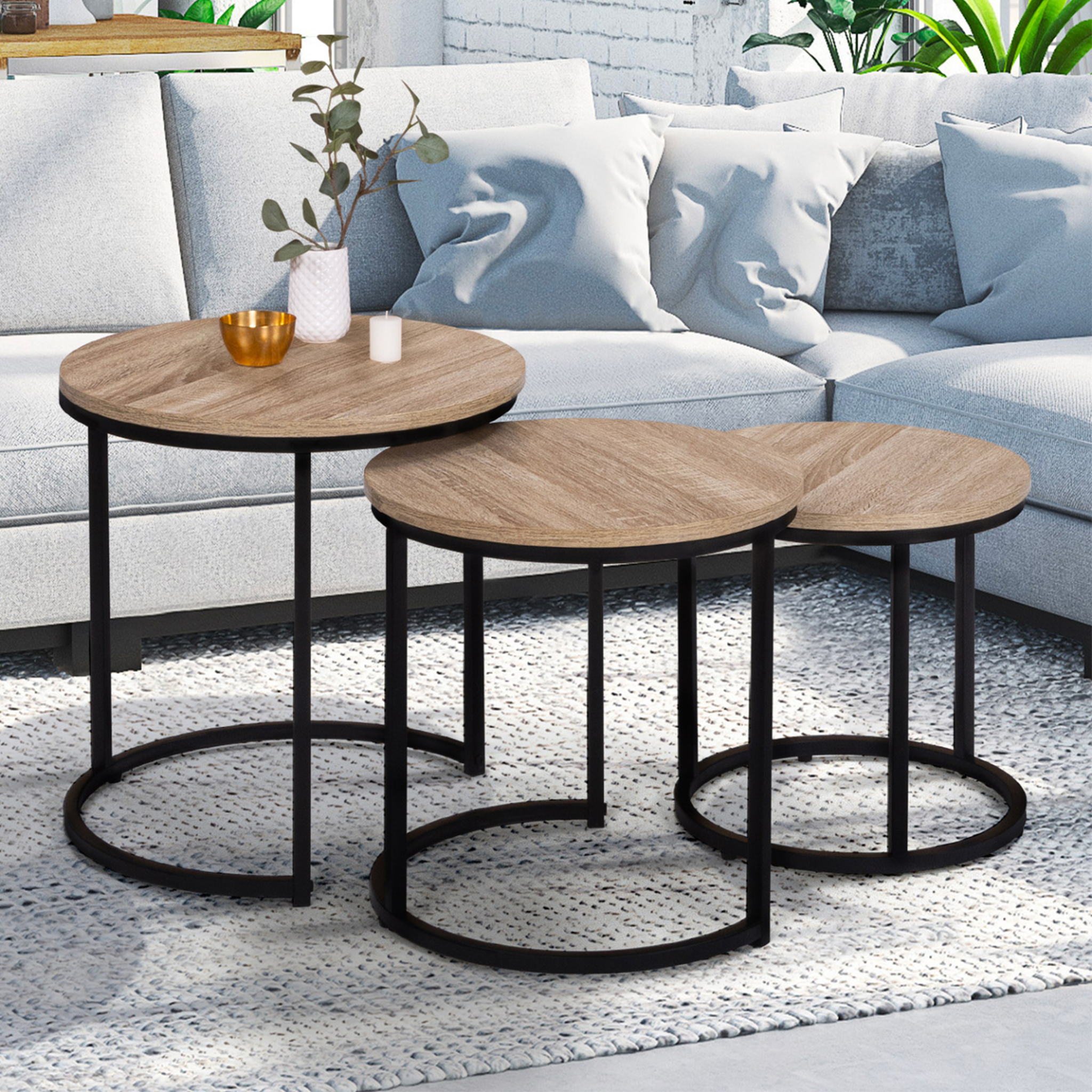 Voir la diapositive 2 : ID MARKET Lot de 3 tables basses gigognes detroit rondes 35/40/45 design industriel