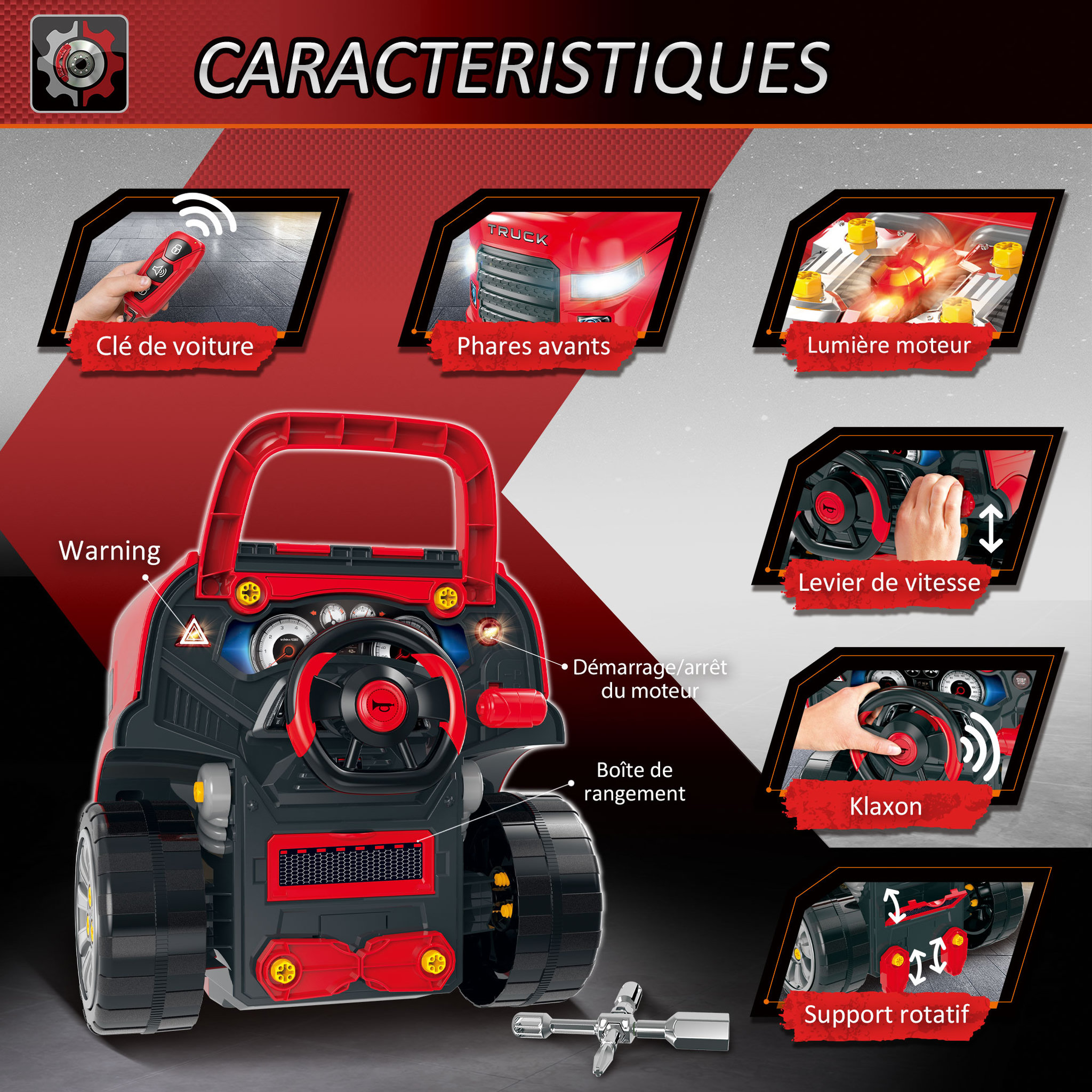 Voir la diapositive 6 : HOMCOM Camion mécano 2 en 1 - jouet bricolage enfant - jeu d'imitation mécanicien - nombreux accessoires total de 61 pièces - effets sonores et lumineux - PP ABS rouge
