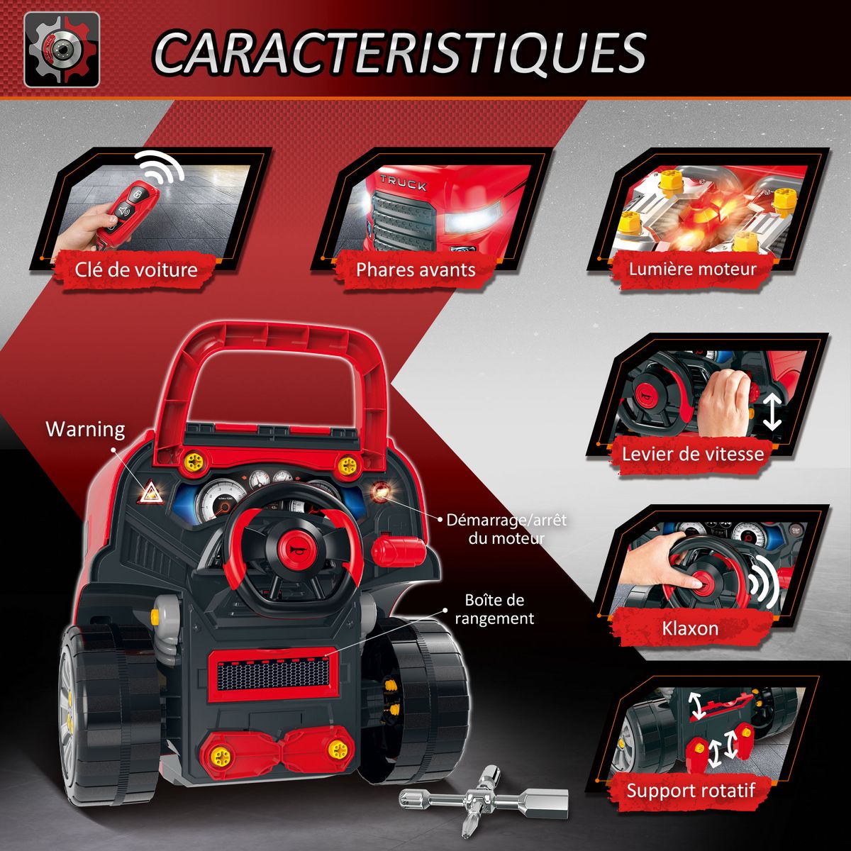 HOMCOM Camion mécano 2 en 1 - jouet bricolage enfant - jeu d'imitation mécanicien - nombreux accessoires total de 61 pièces - effets sonores et lumineux - PP ABS rouge