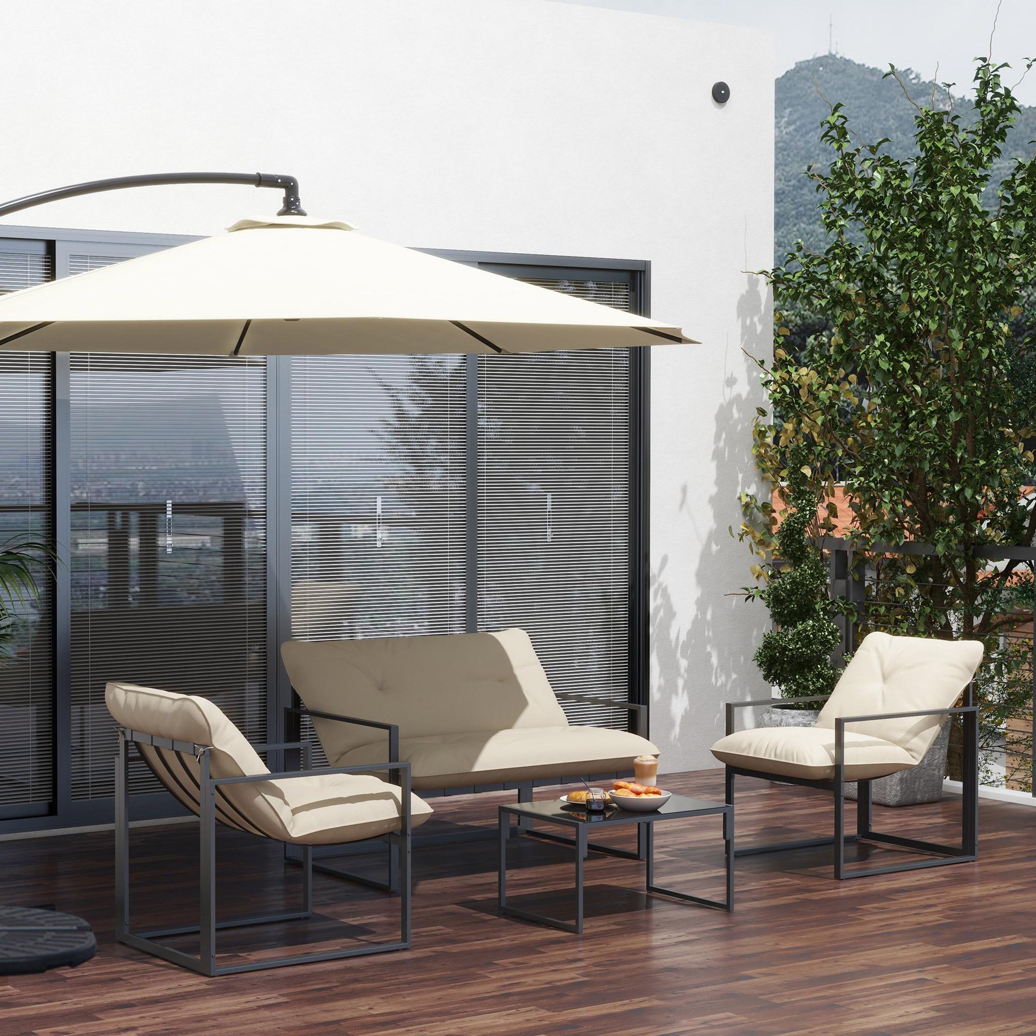Voir la diapositive 6 : OUTSUNNY Salon de jardin 4 personnes - 4 pièces, 3 coussins - acier époxy noir polyester beige